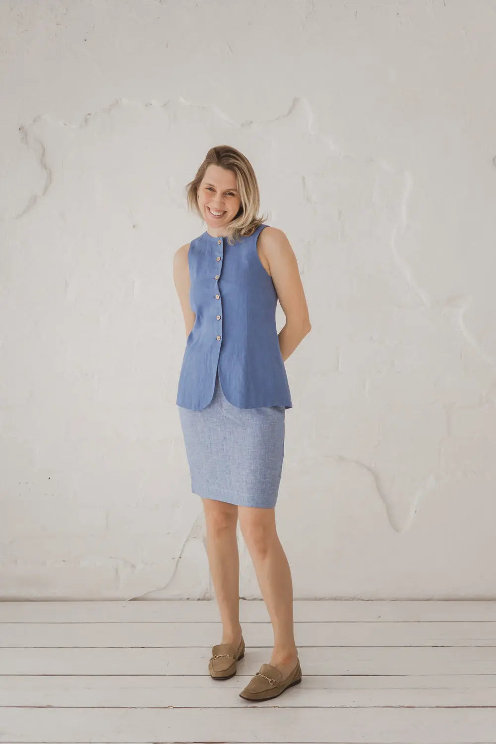 Structured Linen Vest with Curved Hem