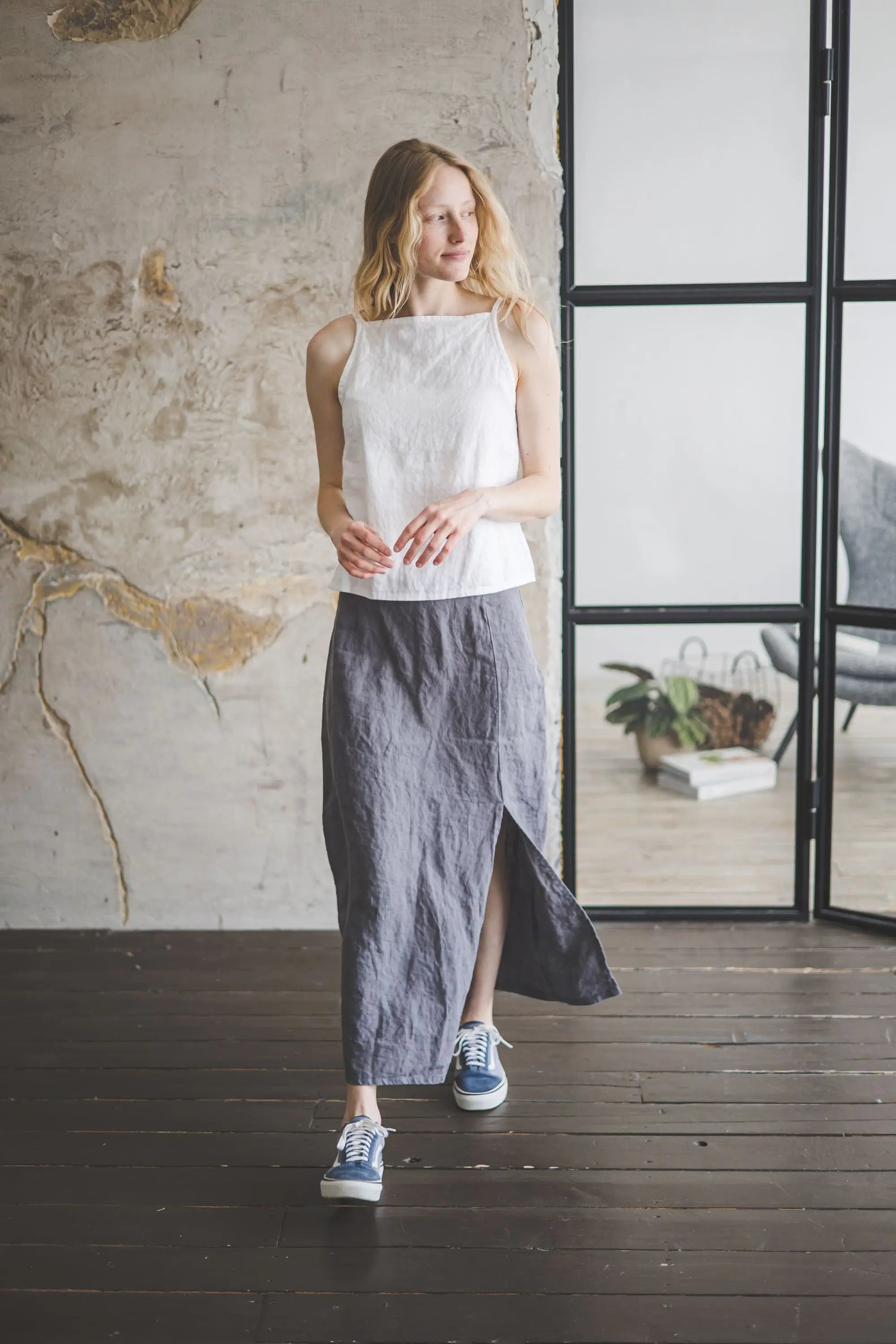 Linen Maxi Skirt With Front Slit Detail