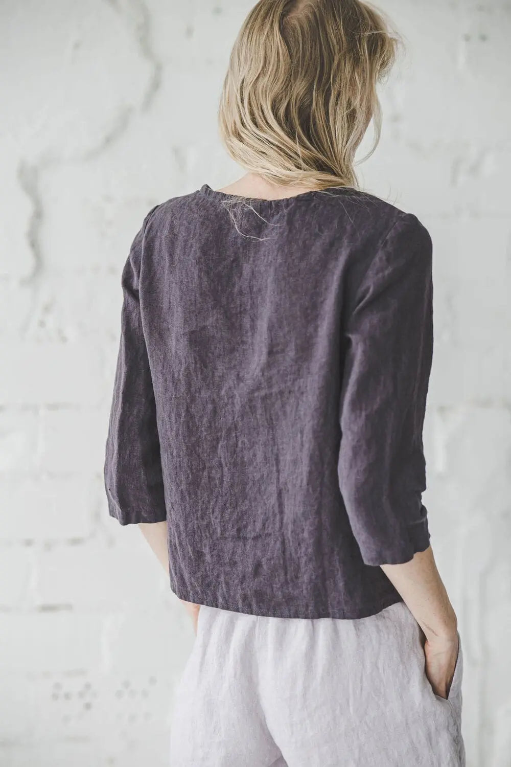 Loose Fit Linen Blouse with 3/4 Sleeves - Soft Organic Linen Top for Women