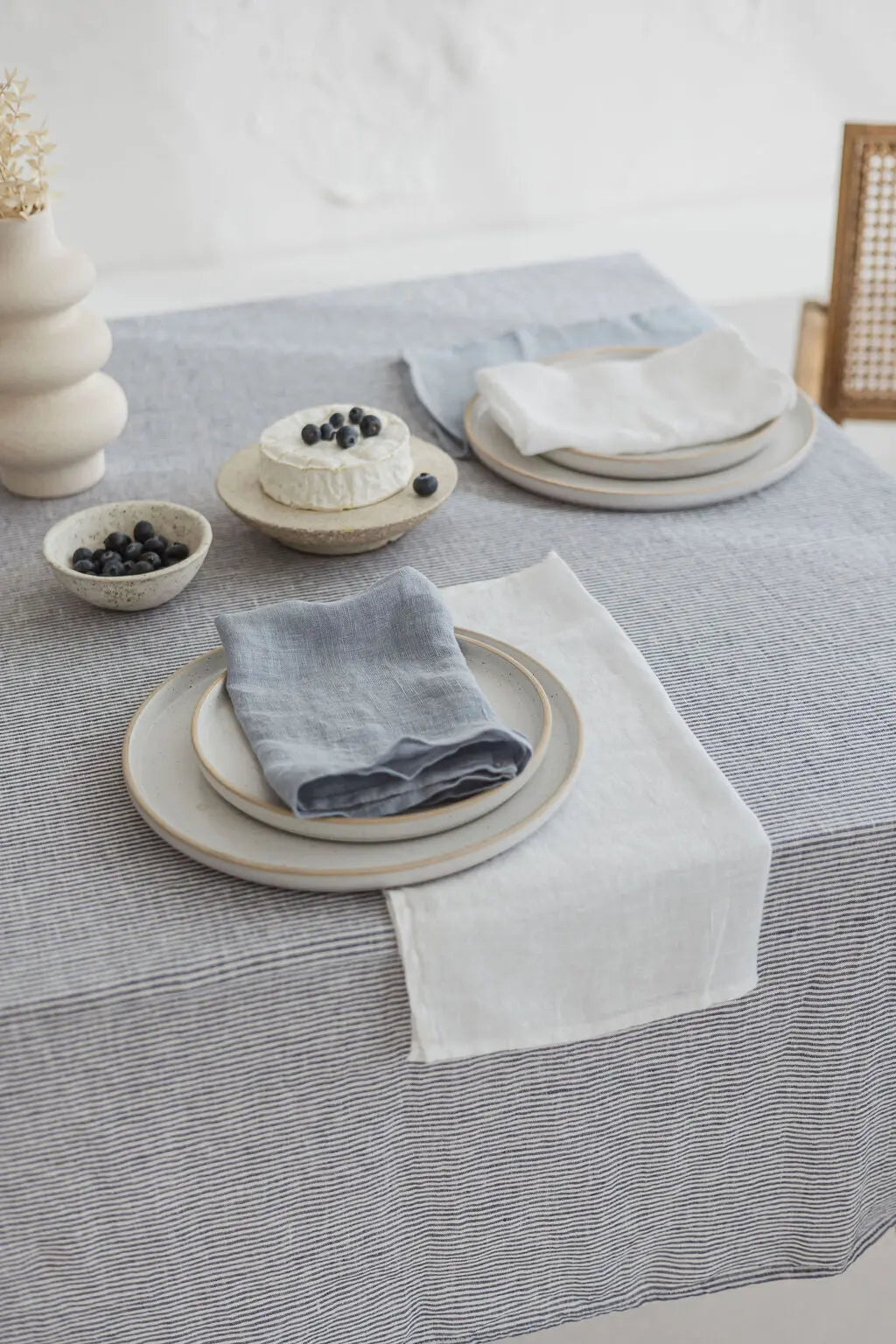 Natural Soft White Blue Stripes Linen Tablecloth Epic Linen