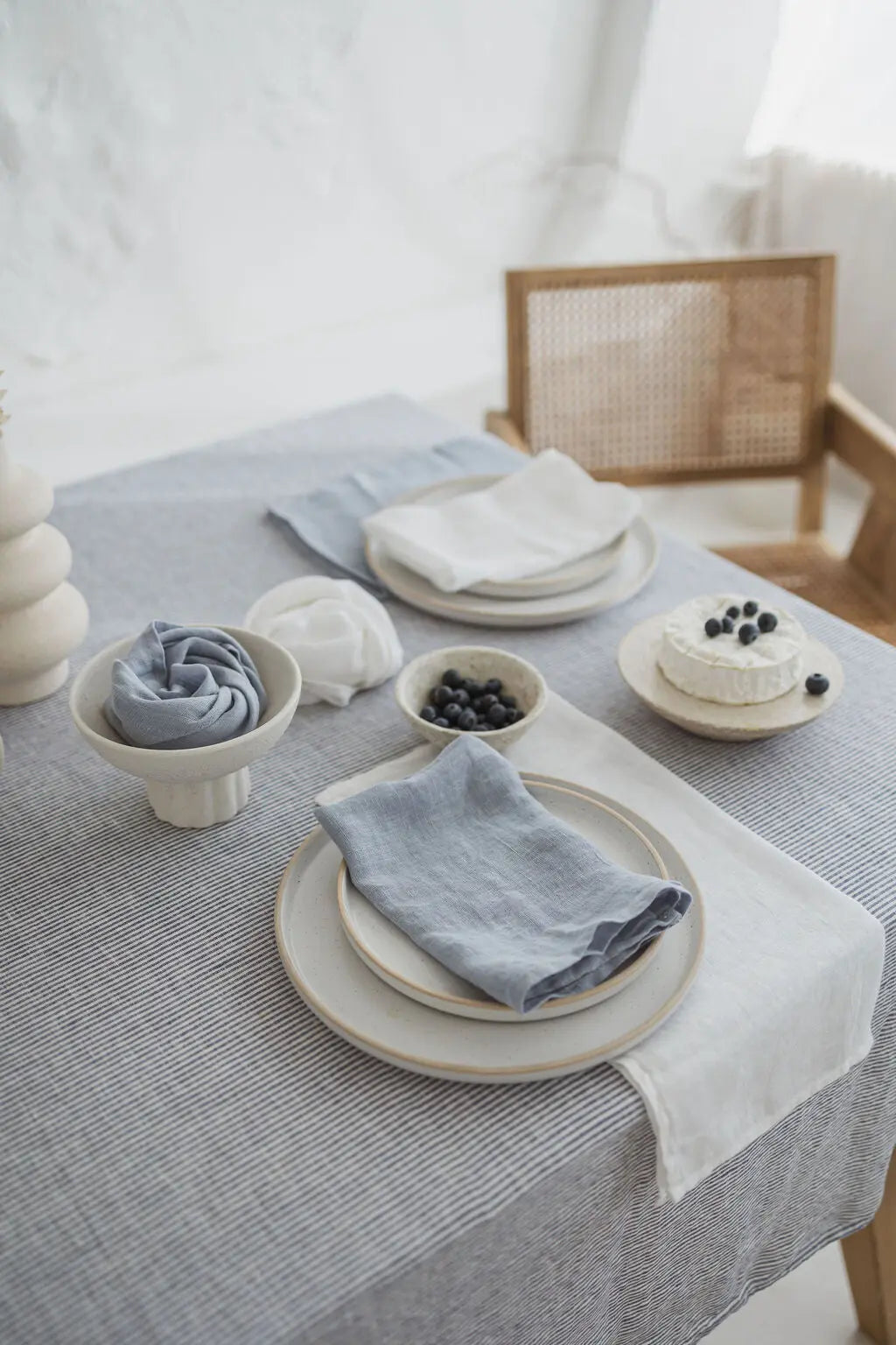 Natural Soft White Blue Stripes Linen Tablecloth Epic Linen