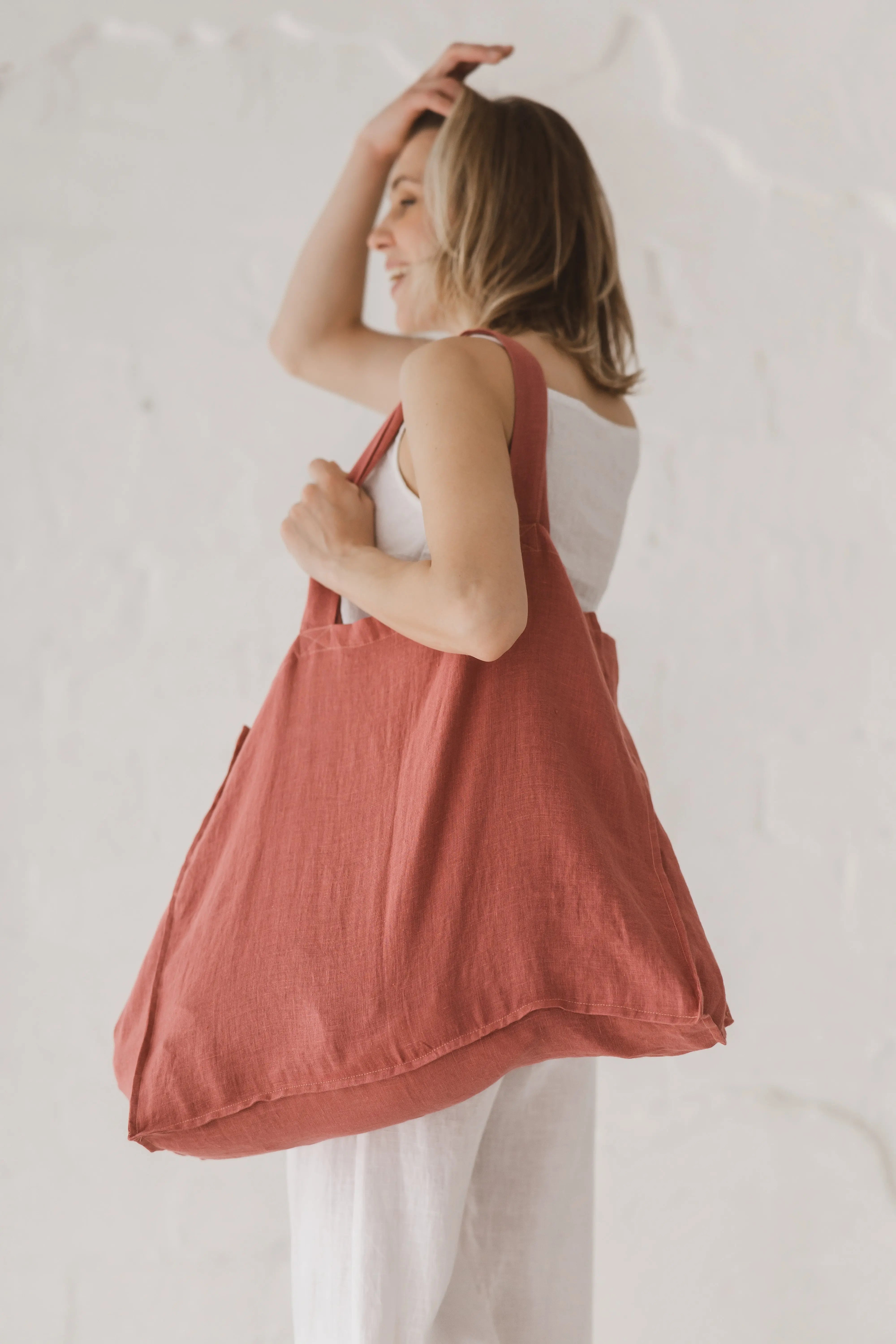 Coral Linen Tote – Large Soft Beach Bag