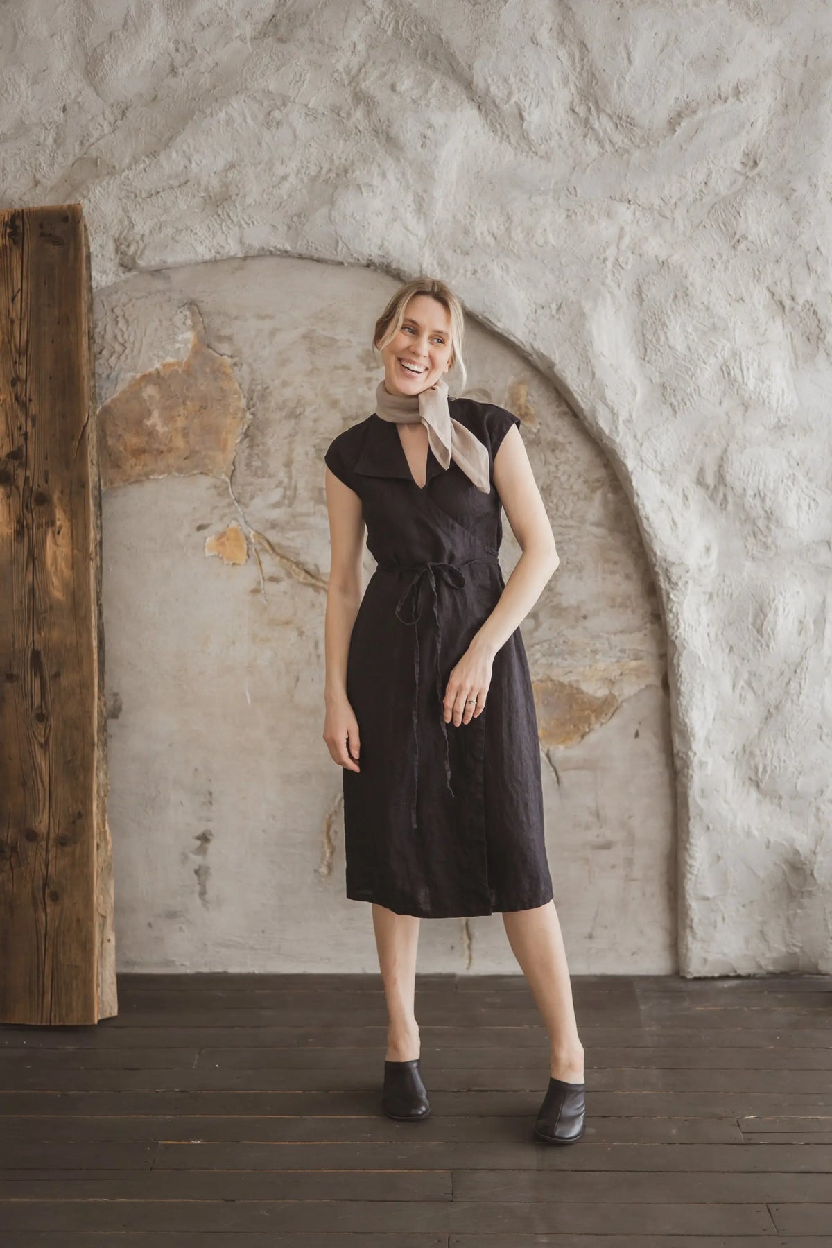 Collared Short Sleeve Midi Linen Wrap Dress - Mia Epic Linen