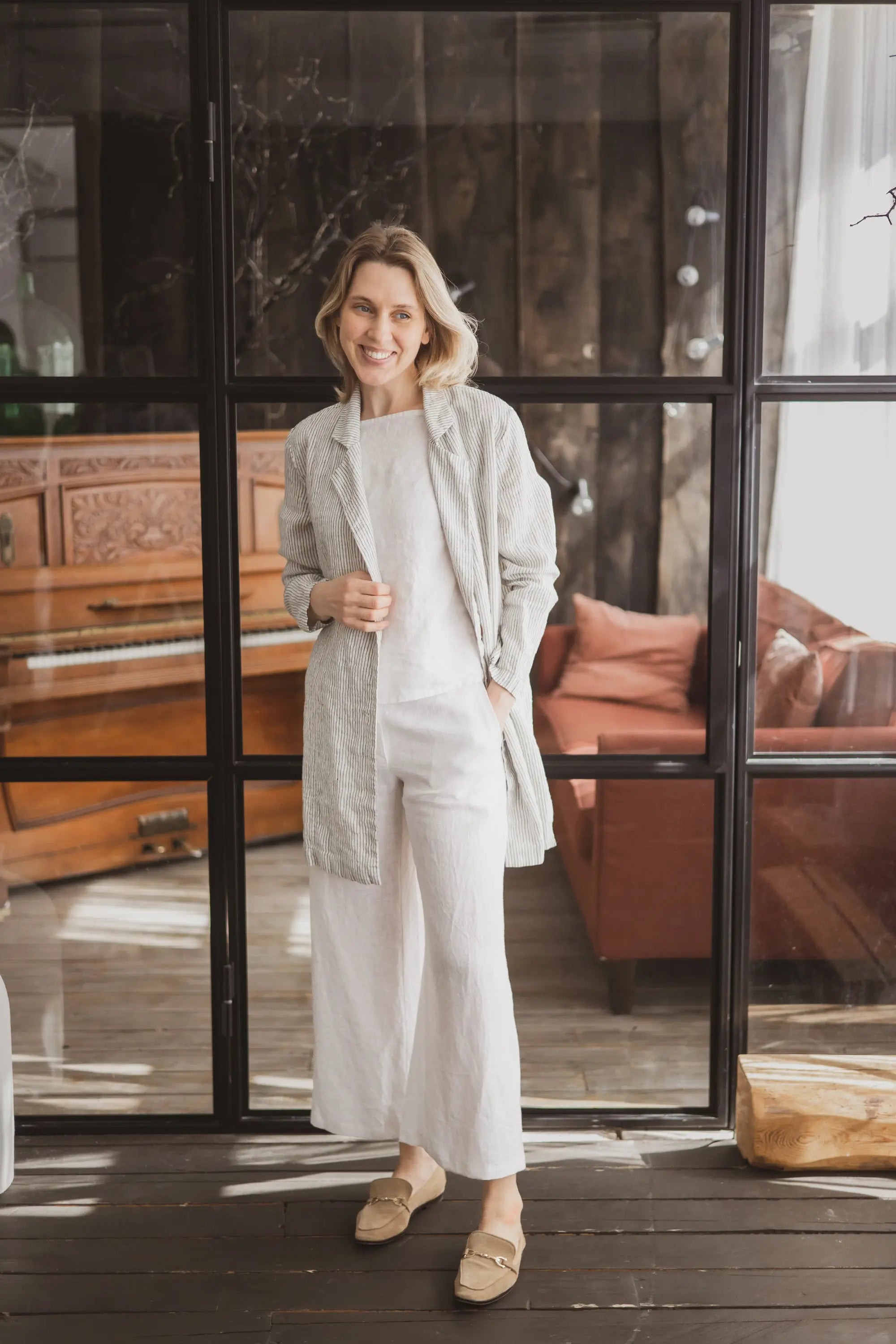 Double-Breasted Longline Linen Blazer
