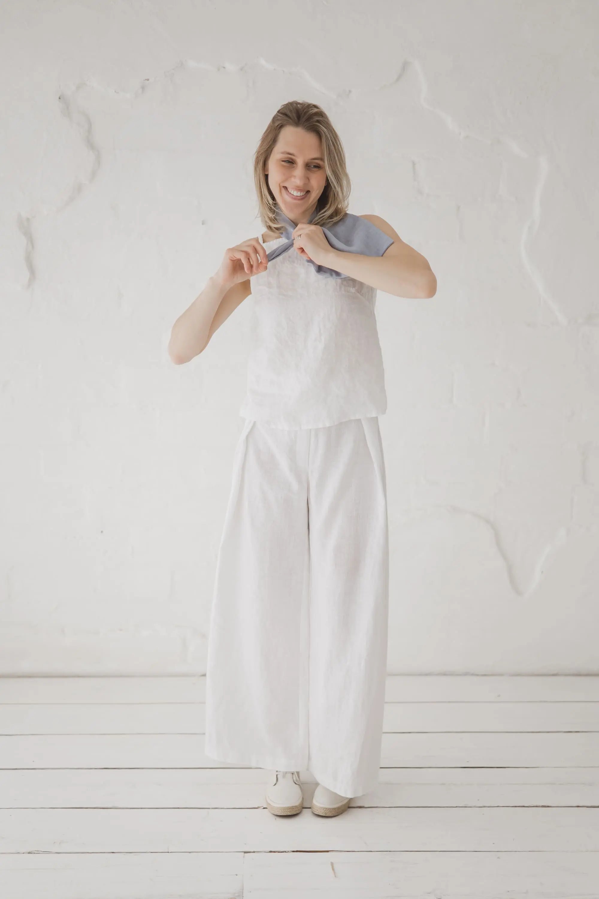 Adjustable Waist Wide-Leg Palazzo Linen Trousers