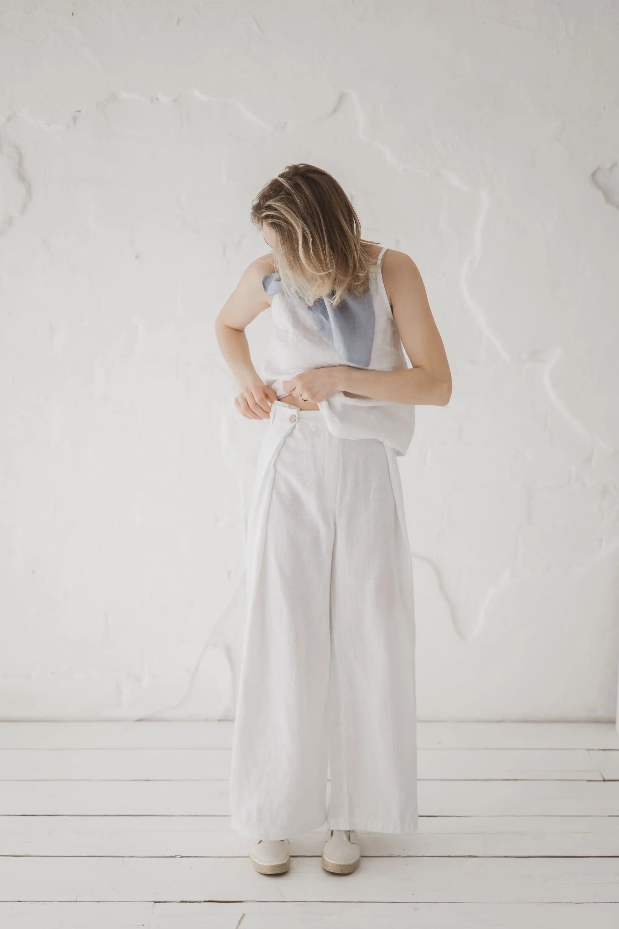 Adjustable Waist Wide-Leg Palazzo Linen Trousers