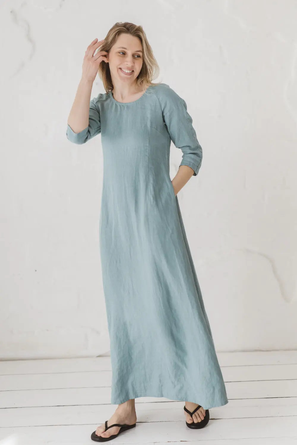 linen long sleeve maxi dress Wrap with Pockets and Belt Spring Fall Dress Dress Soft Handmade Boho A-Line Linen Gown Custom Women's Clothing tie waist Linen Maxi Dress With Raglan