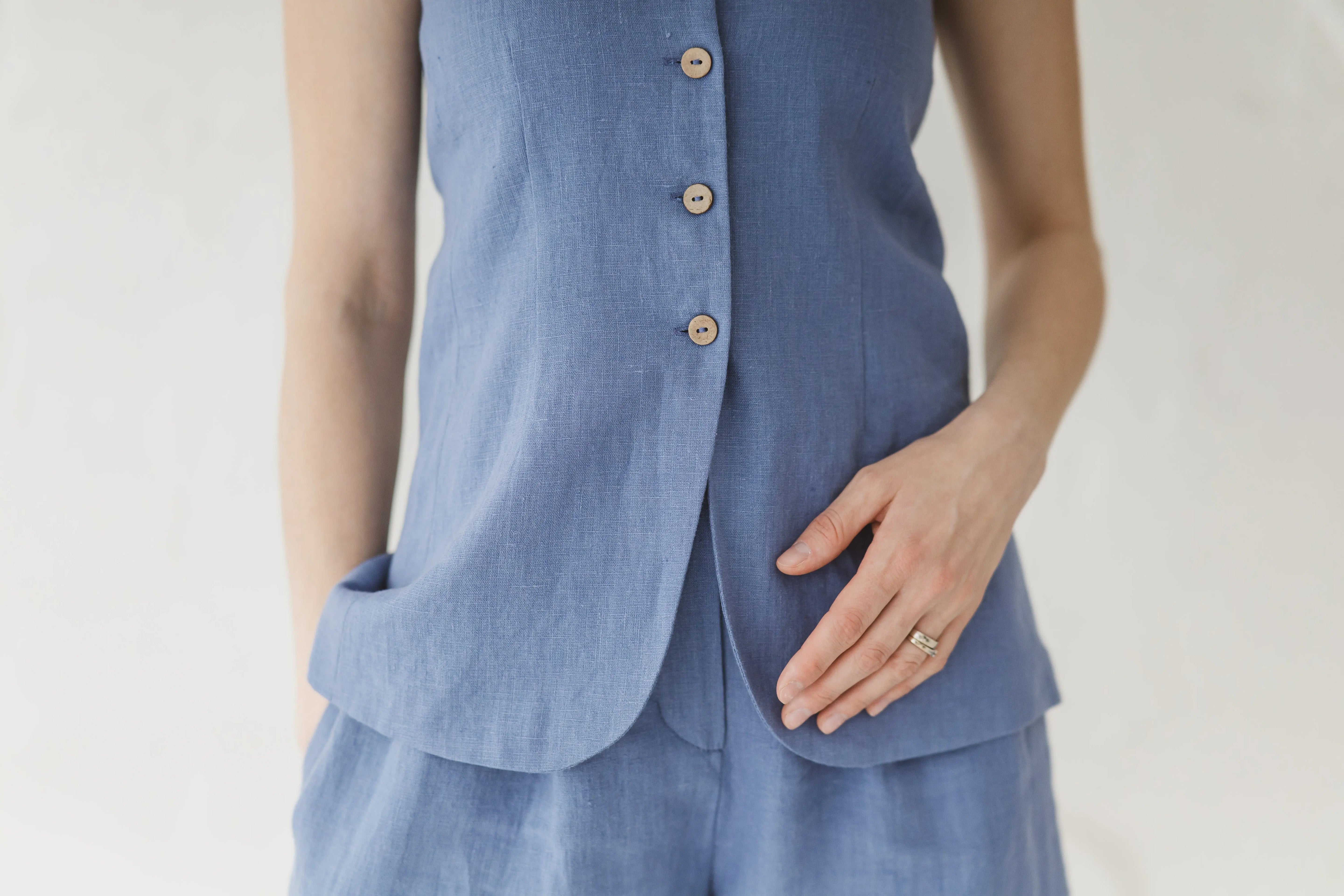 Structured Linen Vest with Curved Hem