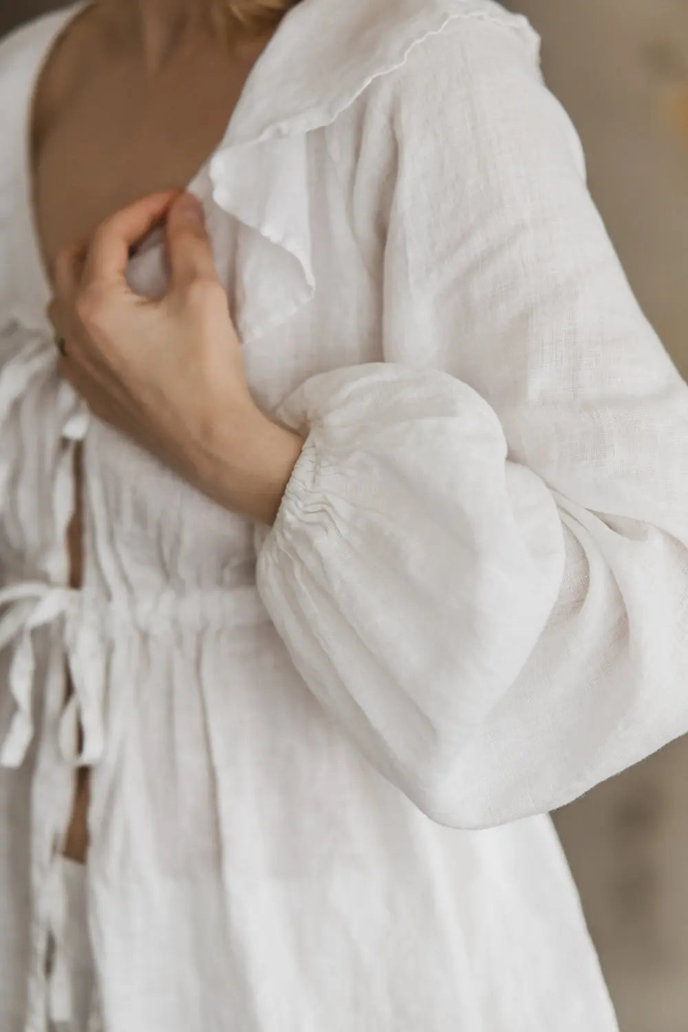 Linen Tie-Front Blouse with Ruffle Detail - MARGARET