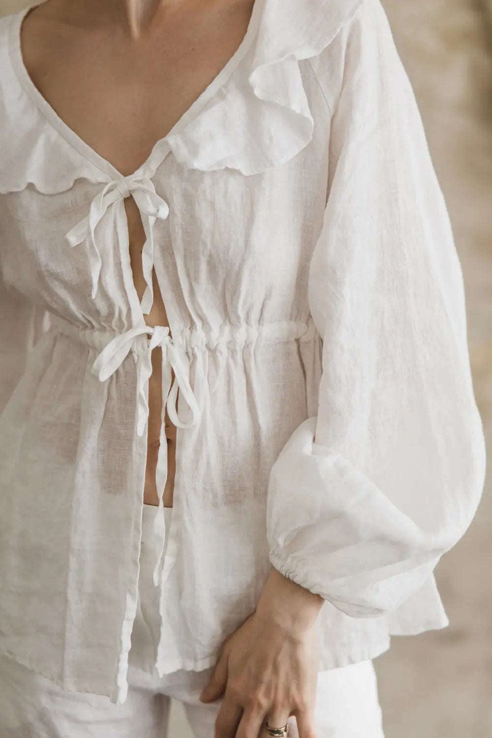 Linen Tie-Front Blouse with Ruffle Detail - MARGARET