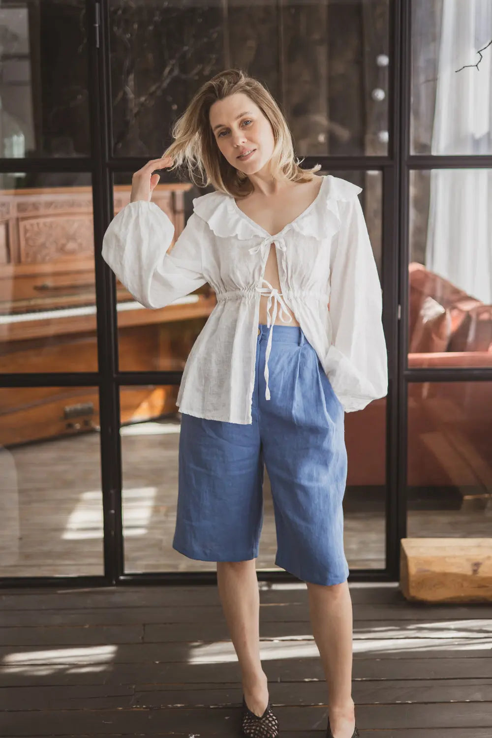 High Waist Linen Bermuda Shorts