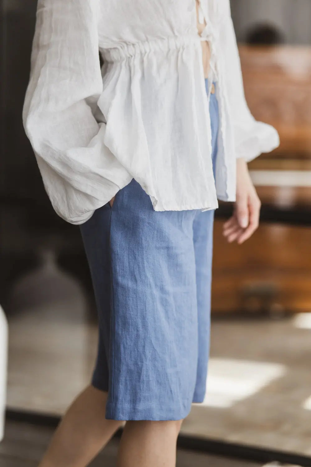 High Waist Linen Bermuda Shorts