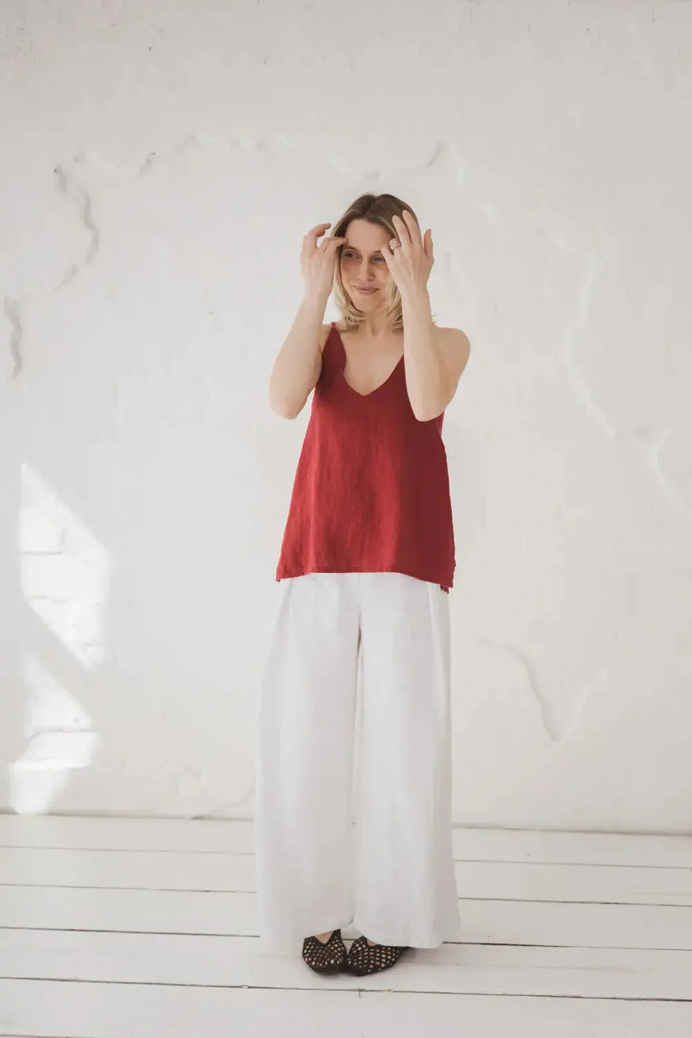 Epic Linen V-neck linen top, lifestyle view