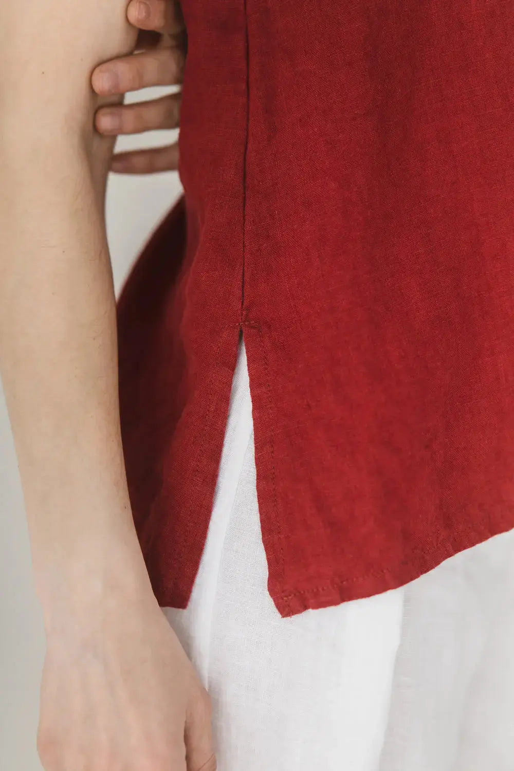 Epic Linen V-neck linen top, side slit detail