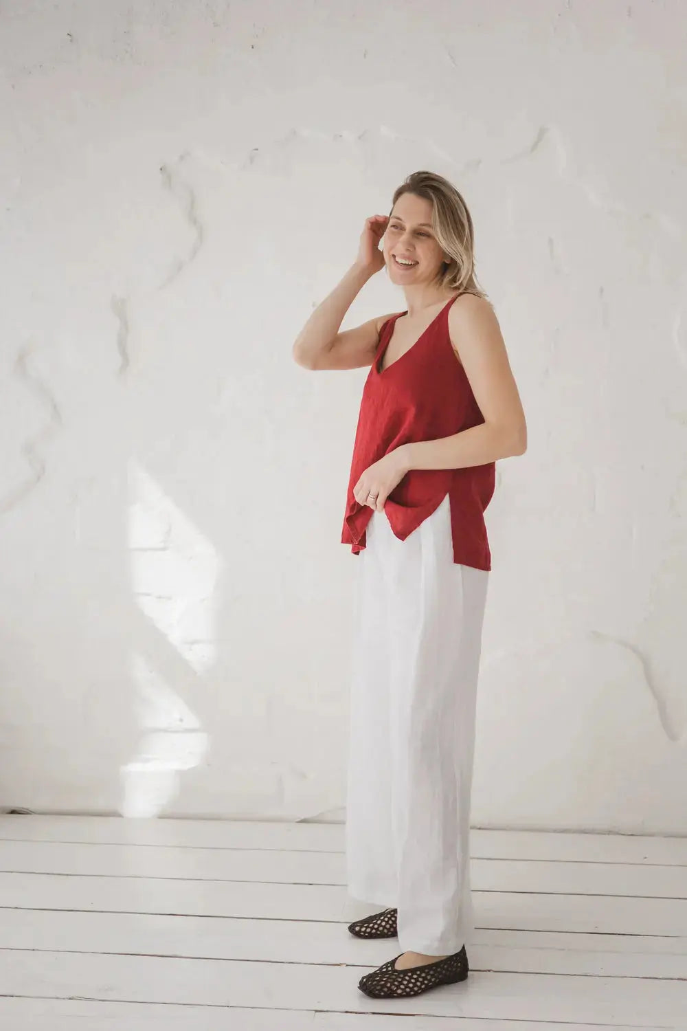 Epic Linen V-neck linen top, side view