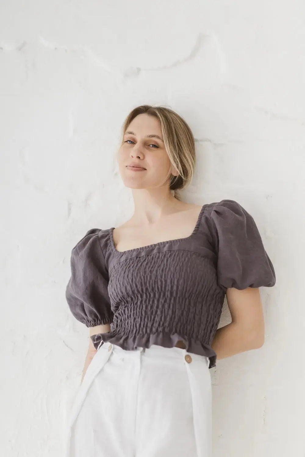 Epic Linen smocked linen crop top blouse, front view