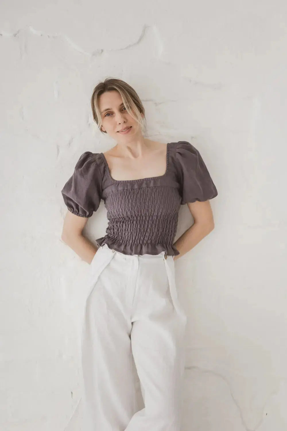 Epic Linen smocked linen crop top blouse, front view