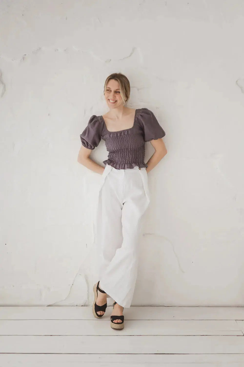 Epic Linen smocked linen crop top blouse, full view