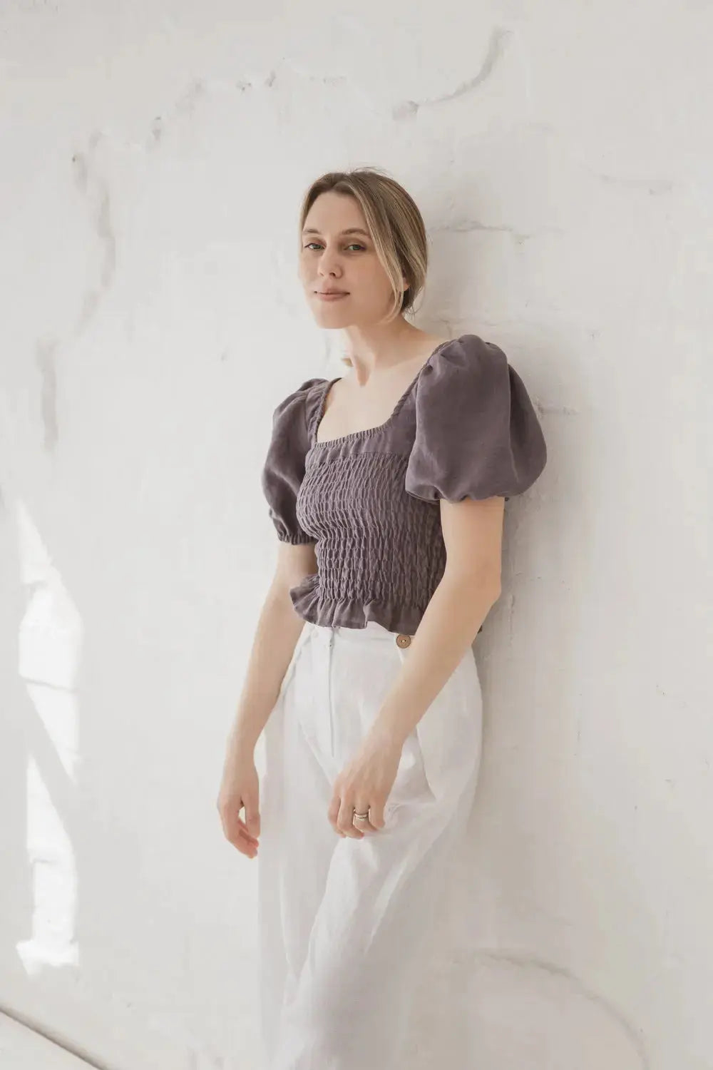 Epic Linen smocked linen crop top blouse, profile view
