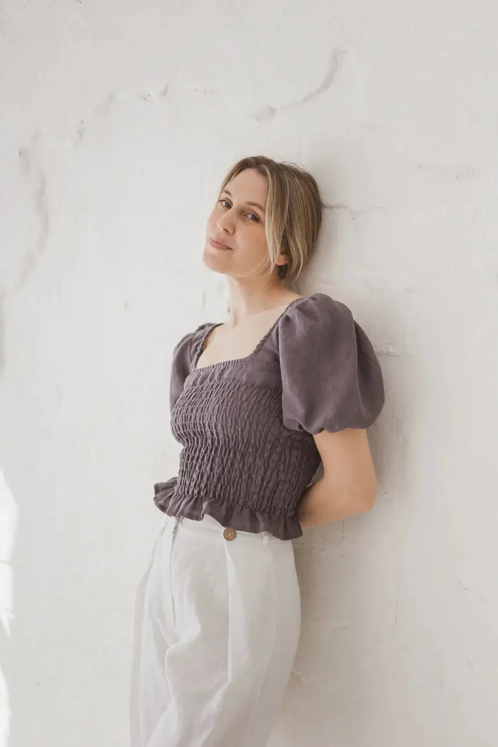 Epic Linen smocked linen crop top blouse, side pose
