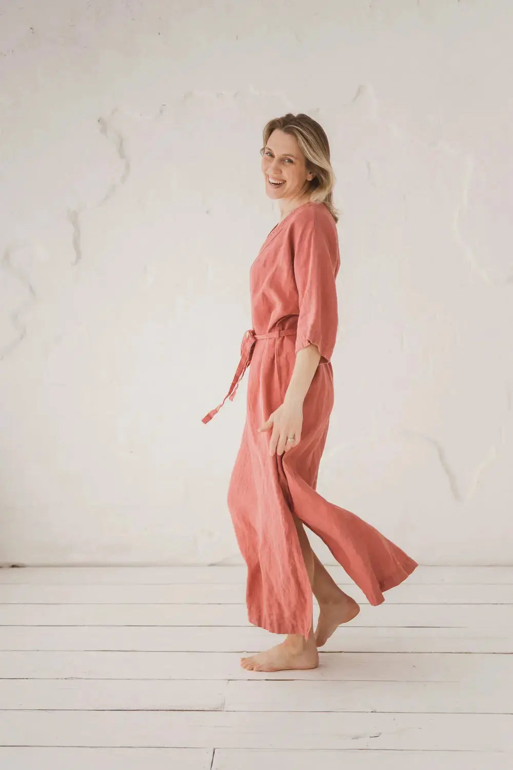 Epic Linen linen kaftan maxi dress, full length and side split view