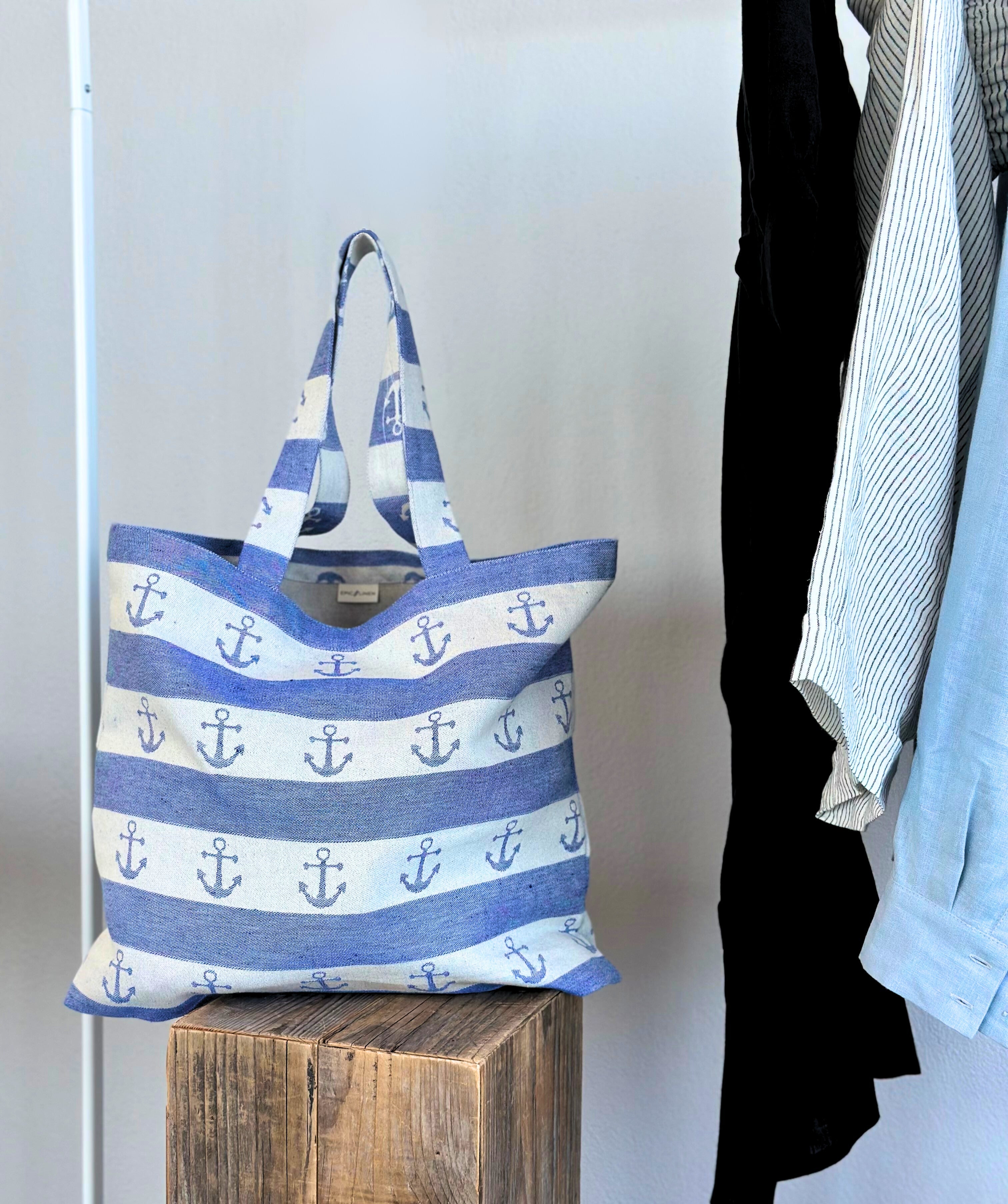 LIMITED EDITION Linen Maxi Anchor Beach Bag in Blue Epic Linen