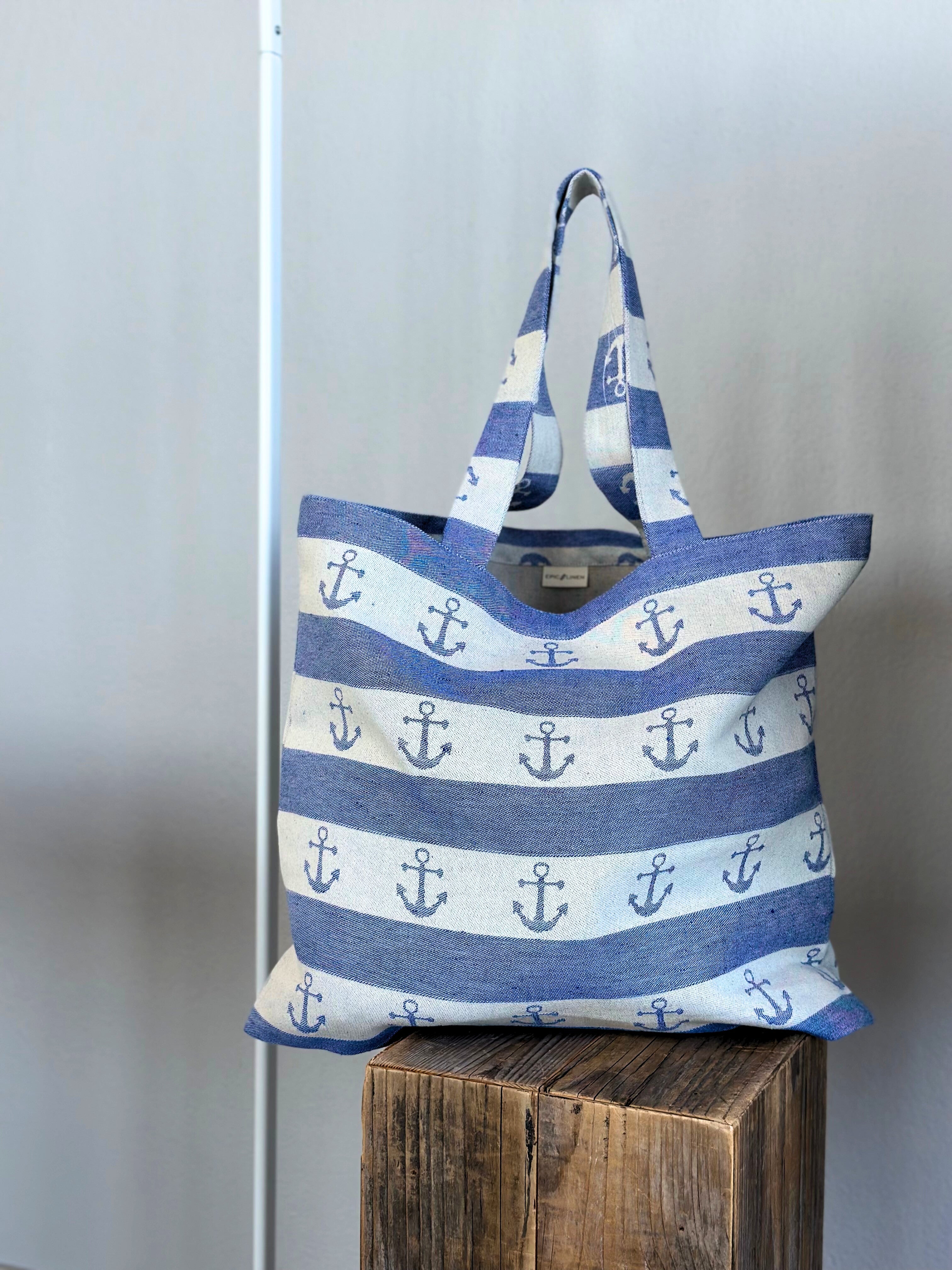 LIMITED EDITION Linen Maxi Anchor Beach Bag in Blue Epic Linen
