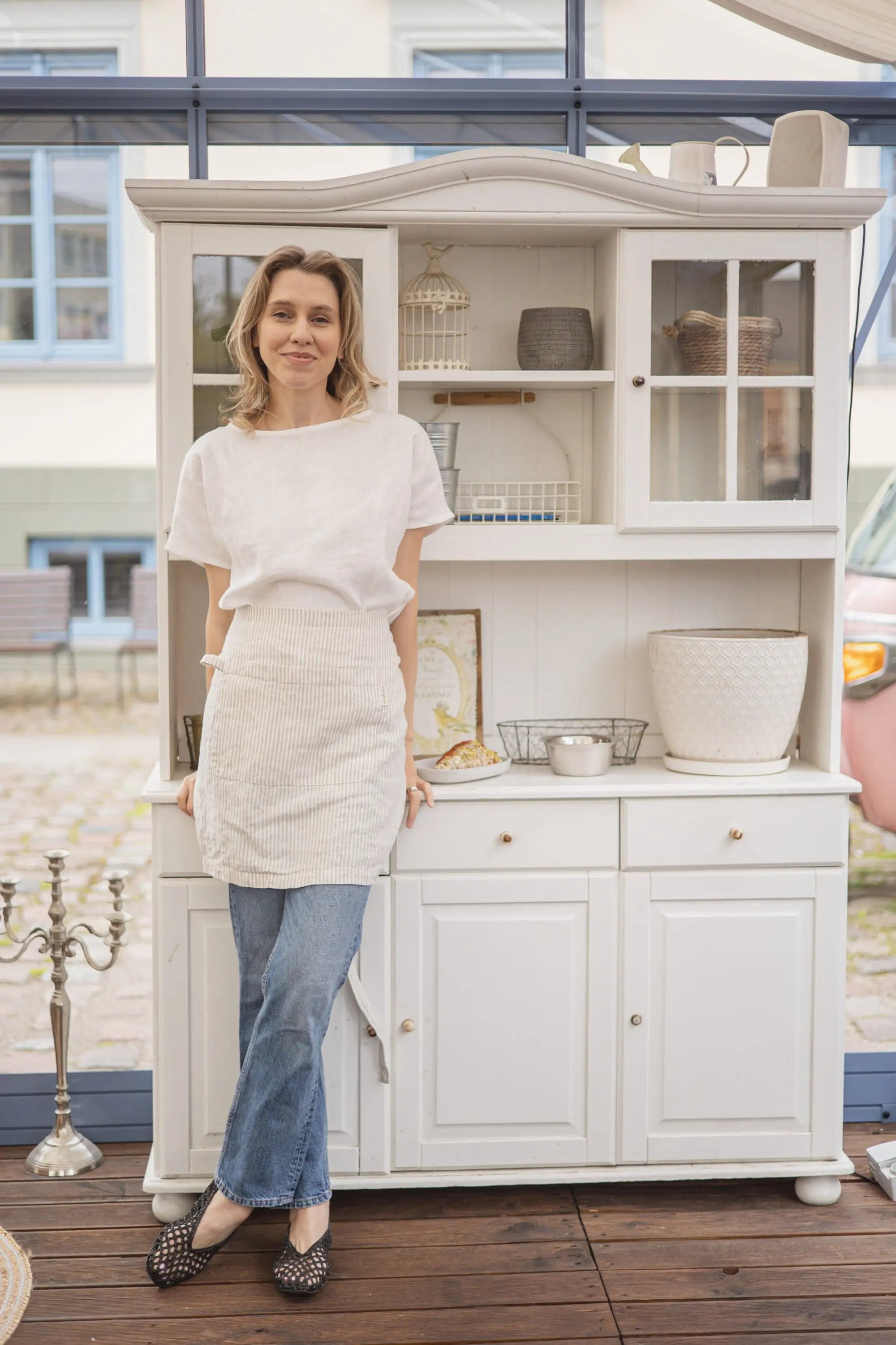 Patterned Linen Half Apron with Pockets