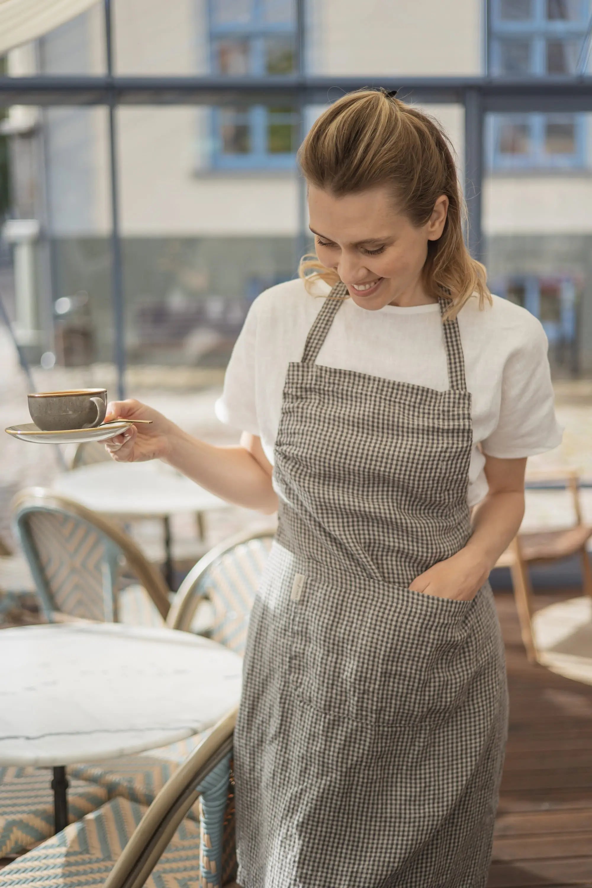 Patterned Linen Bib Apron with Pockets