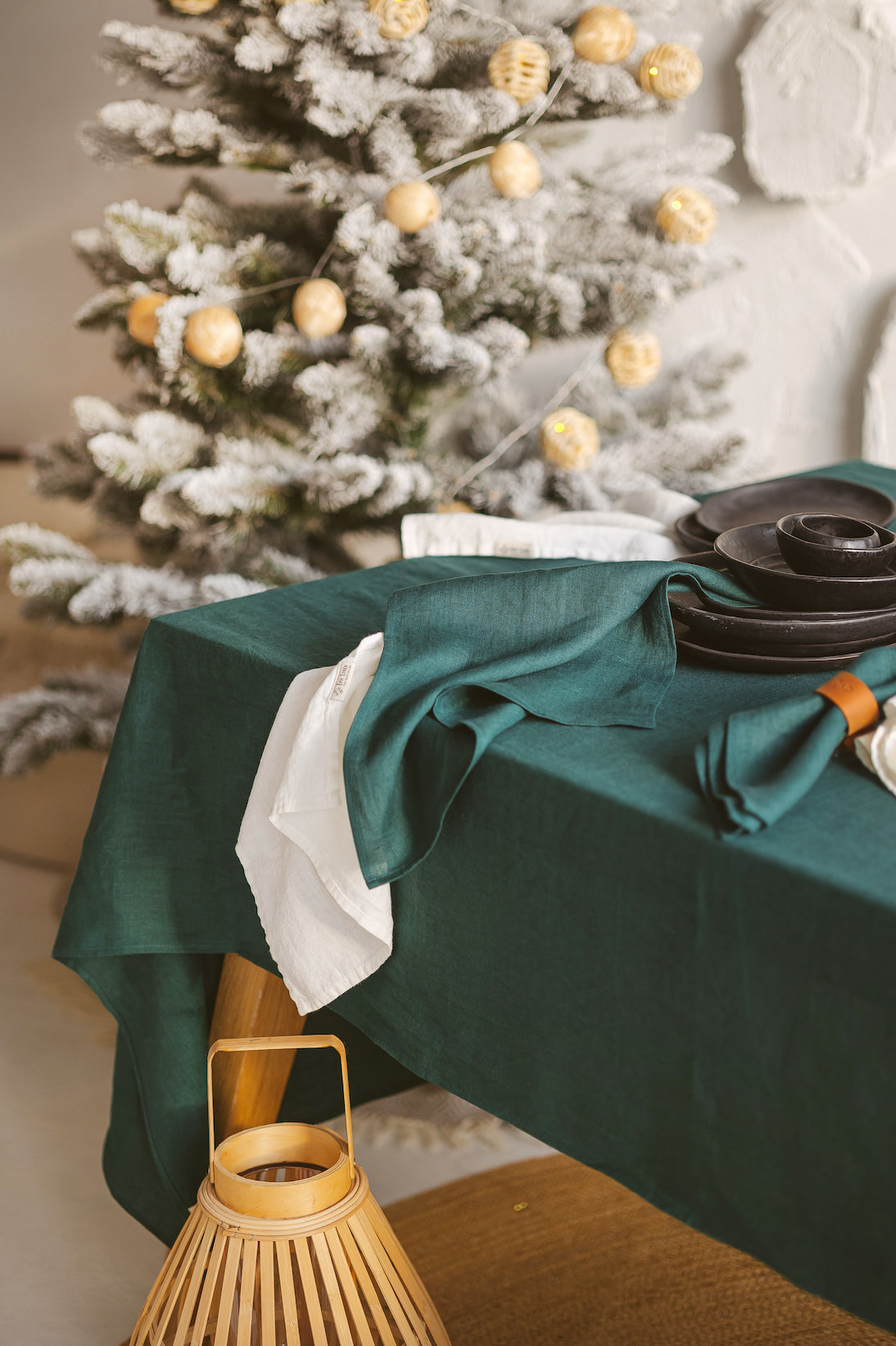 Set of 2 Stonewashed Natural Linen Napkins in Dark Green Epic Linen