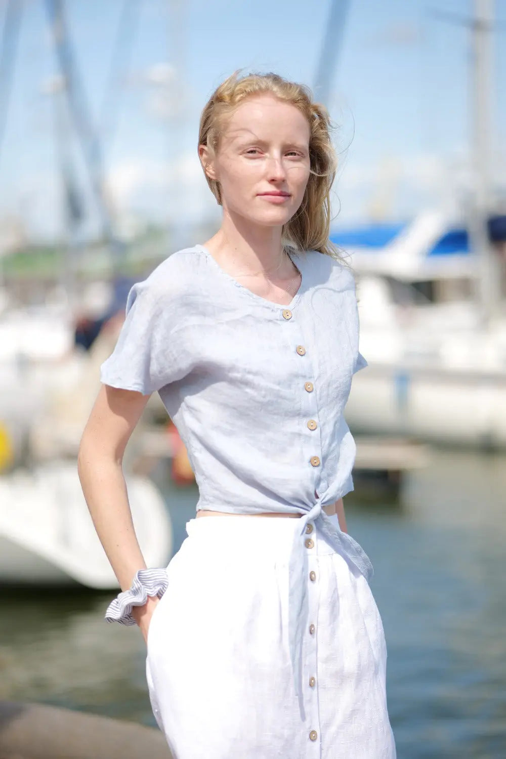 Natural fabric fashion – blue and white linen ensemble.