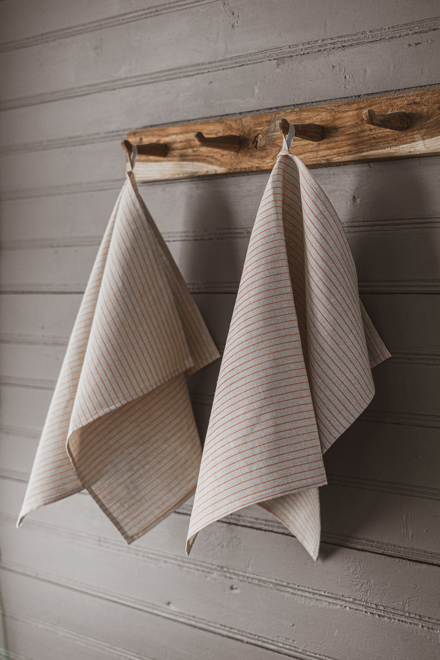 100 % Pure Linen Kitchen Tea Towels Set of 2 In Natural Small Red Stripes Epic Linen