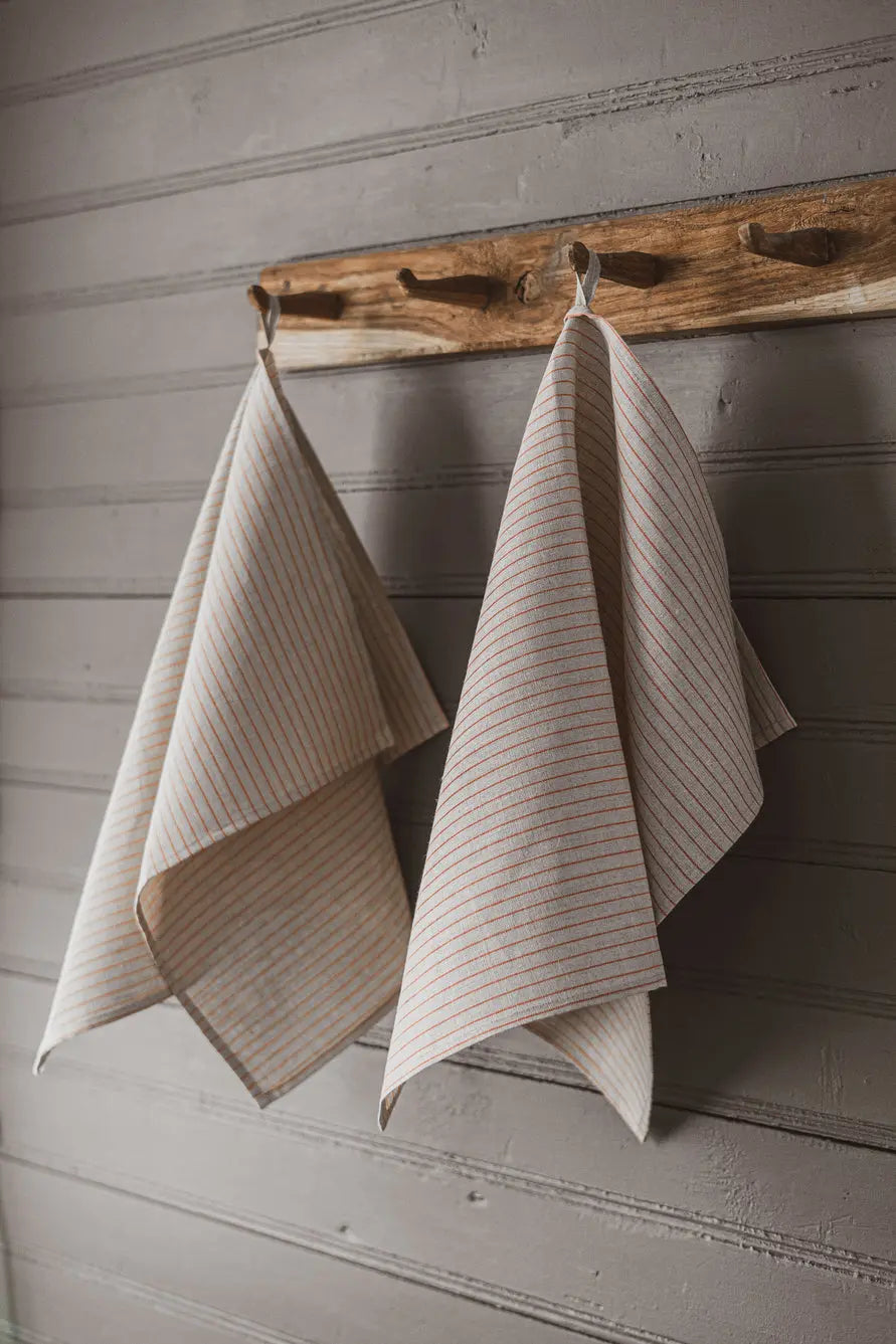 100 % Pure Linen Kitchen Tea Towels Set of 2 In Natural Small Red Stripes Epic Linen
