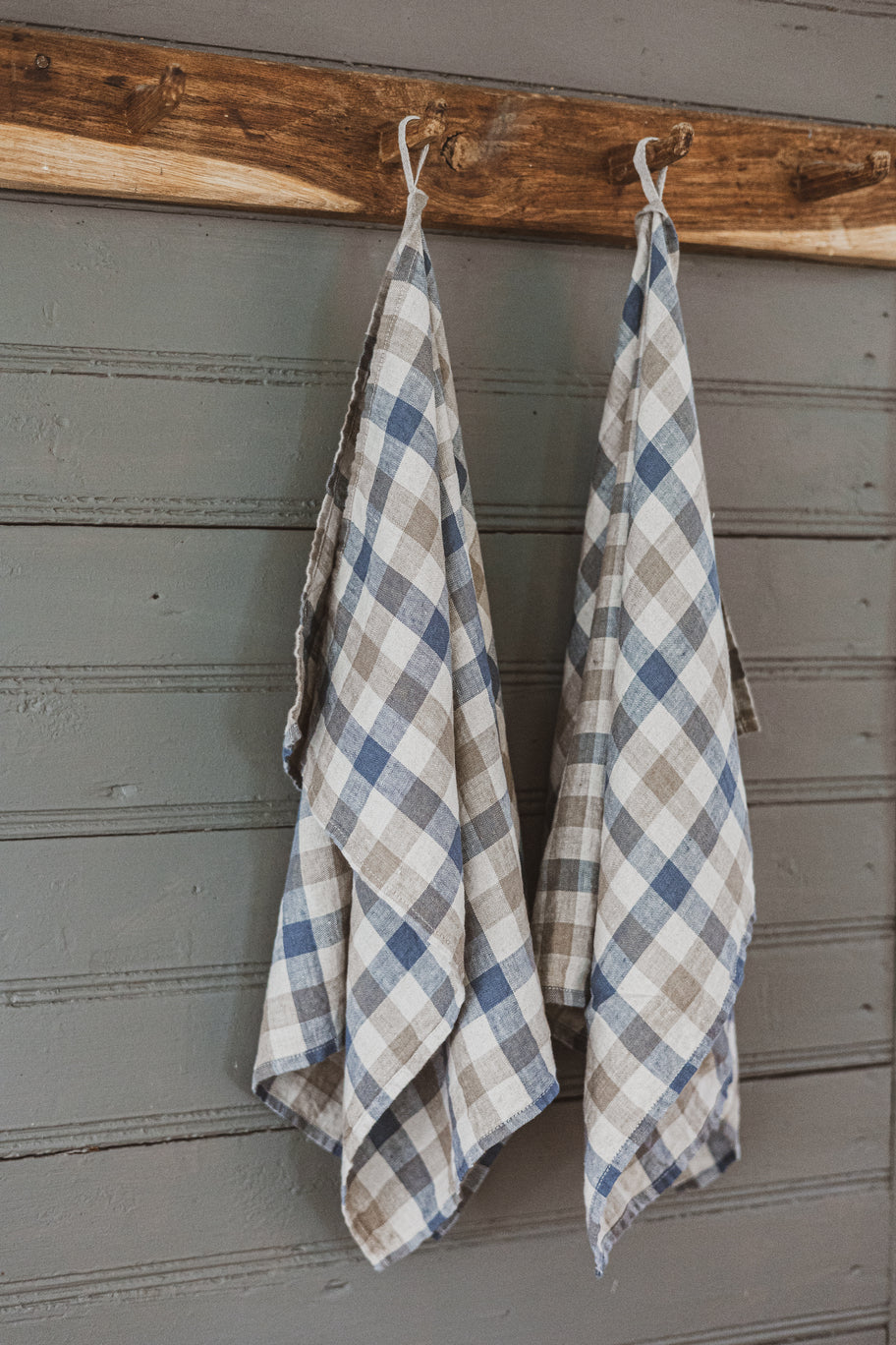 Set of 2 Linen Kitchen Towels Gingham Blue Natural Epic Linen