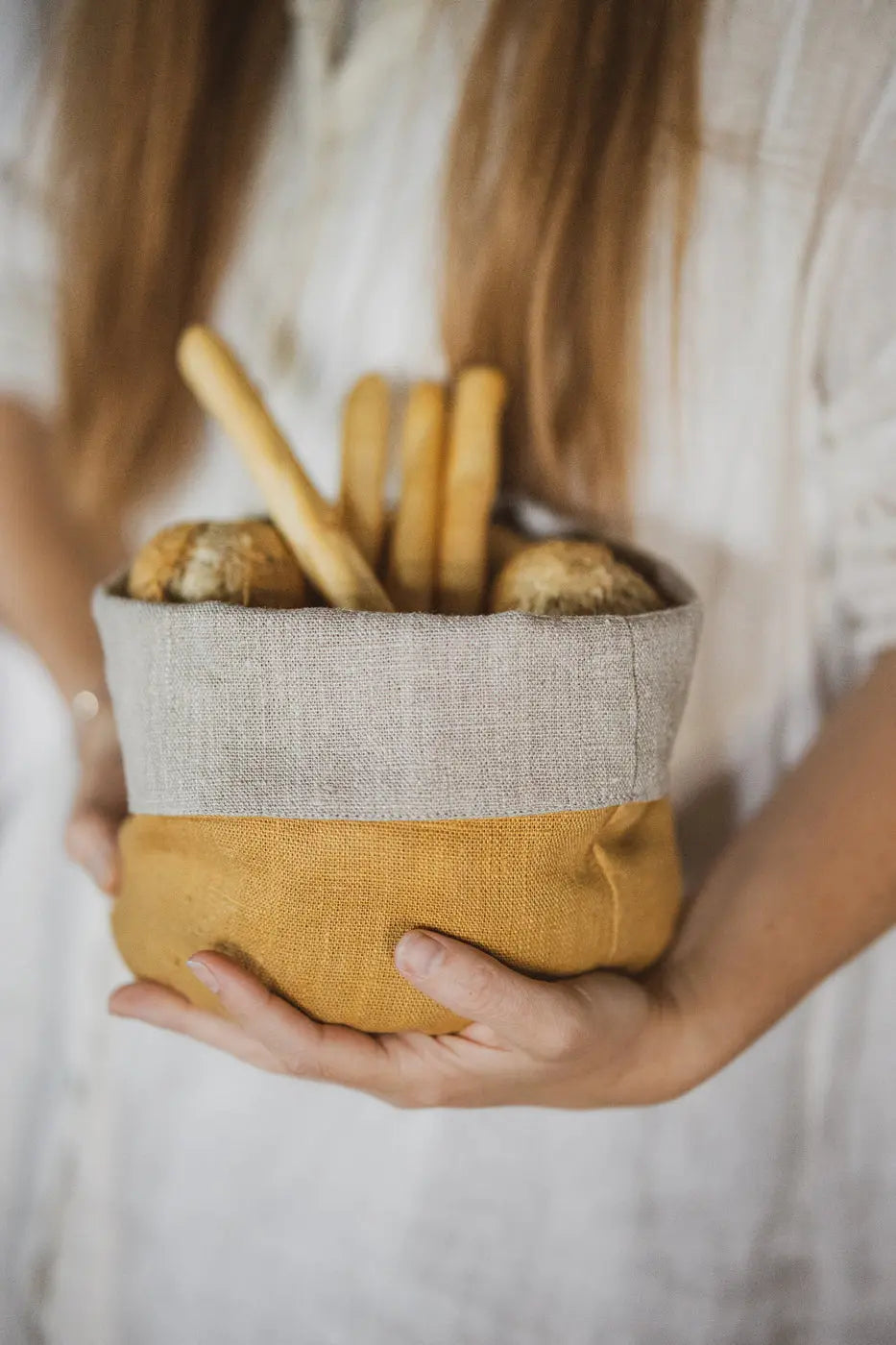 Heavy Linen Kitchen Storage Basket: Mustard Natural Epic Linen