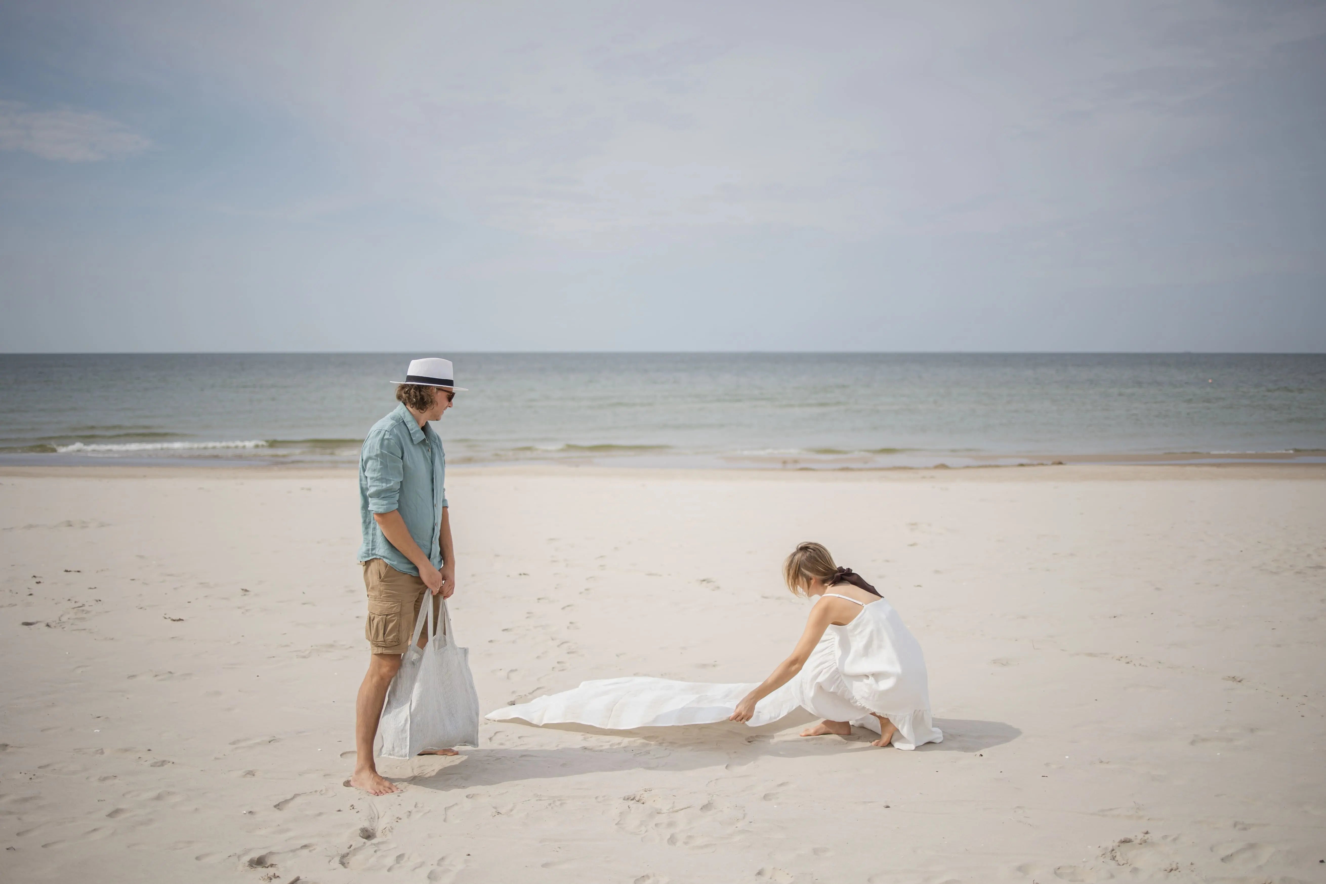 Linen Huckaback Beach Towel White Natural Striped