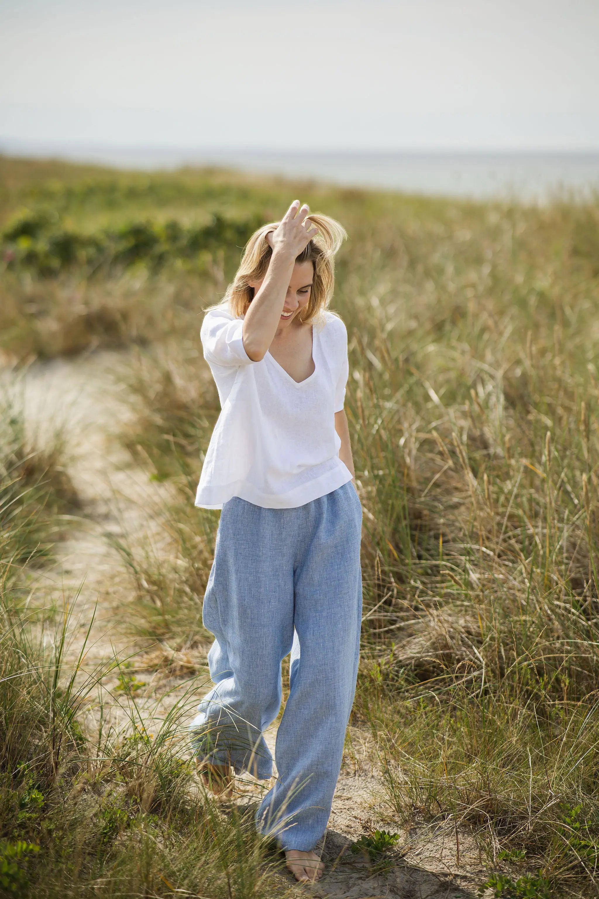 High Waisted Linen Culottes with Elastic Waistband Goose Steps