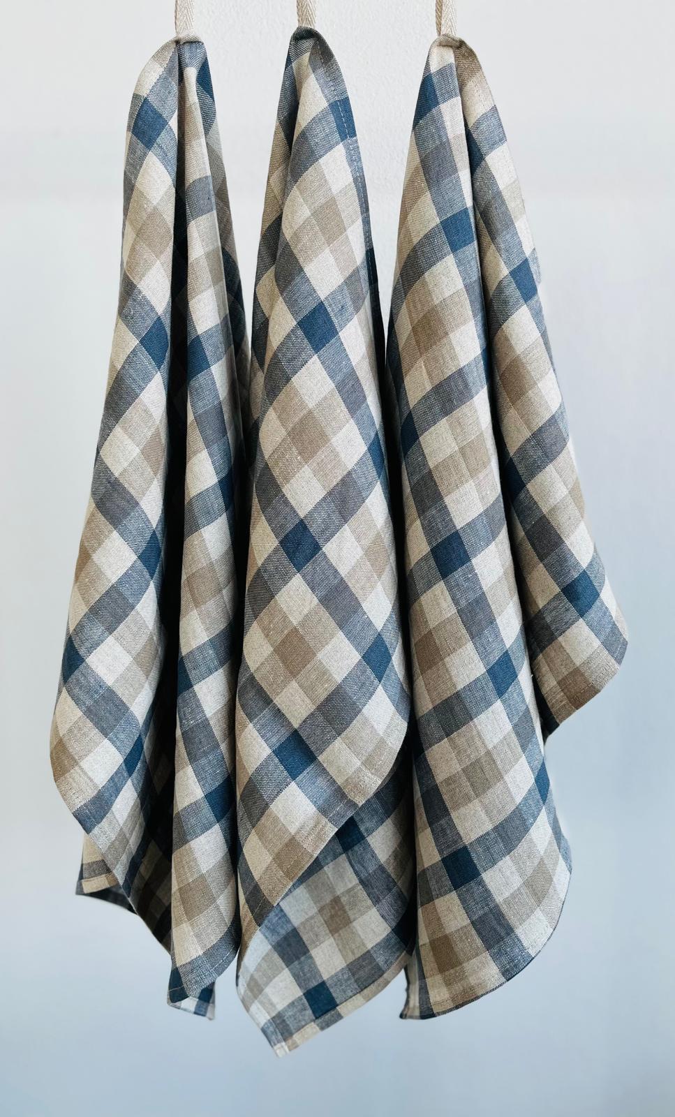 Set of 2 Linen Kitchen Towels Gingham Blue Natural Epic Linen