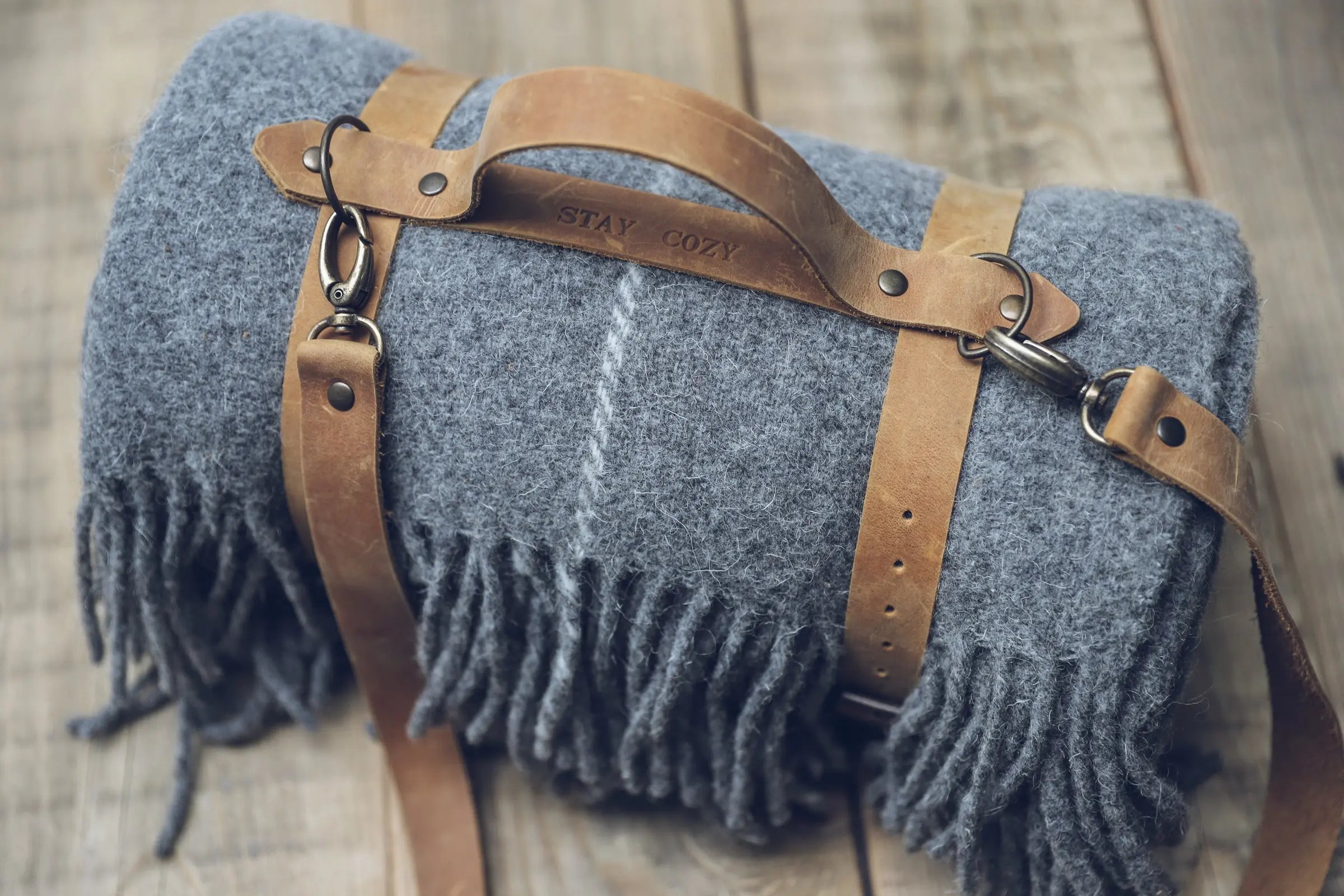 Leather Handle Strapped Gray Wool Throw Blanket with White Stripe Epic Linen