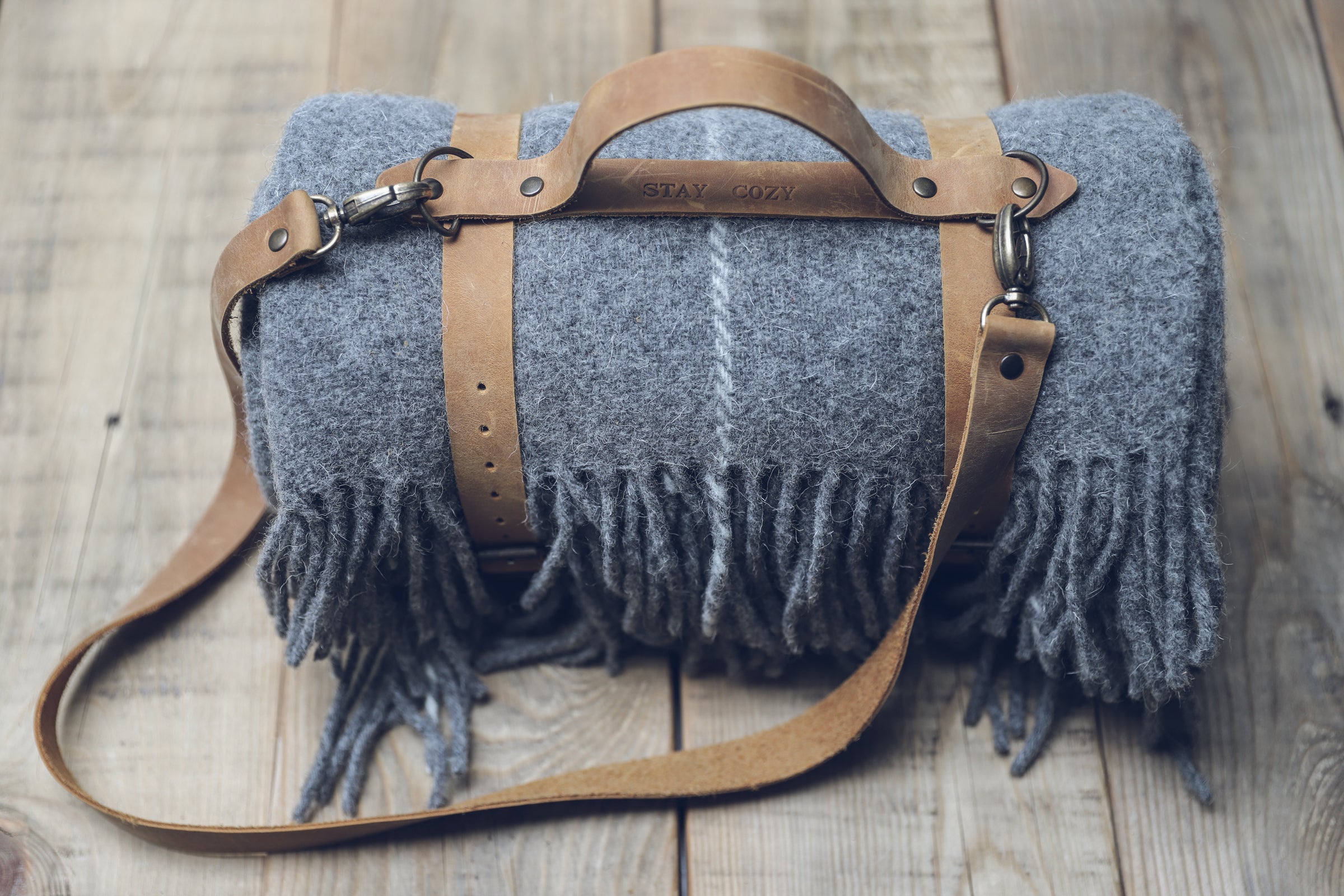 Leather Handle Strapped Gray Wool Throw Blanket with White Stripe Epic Linen