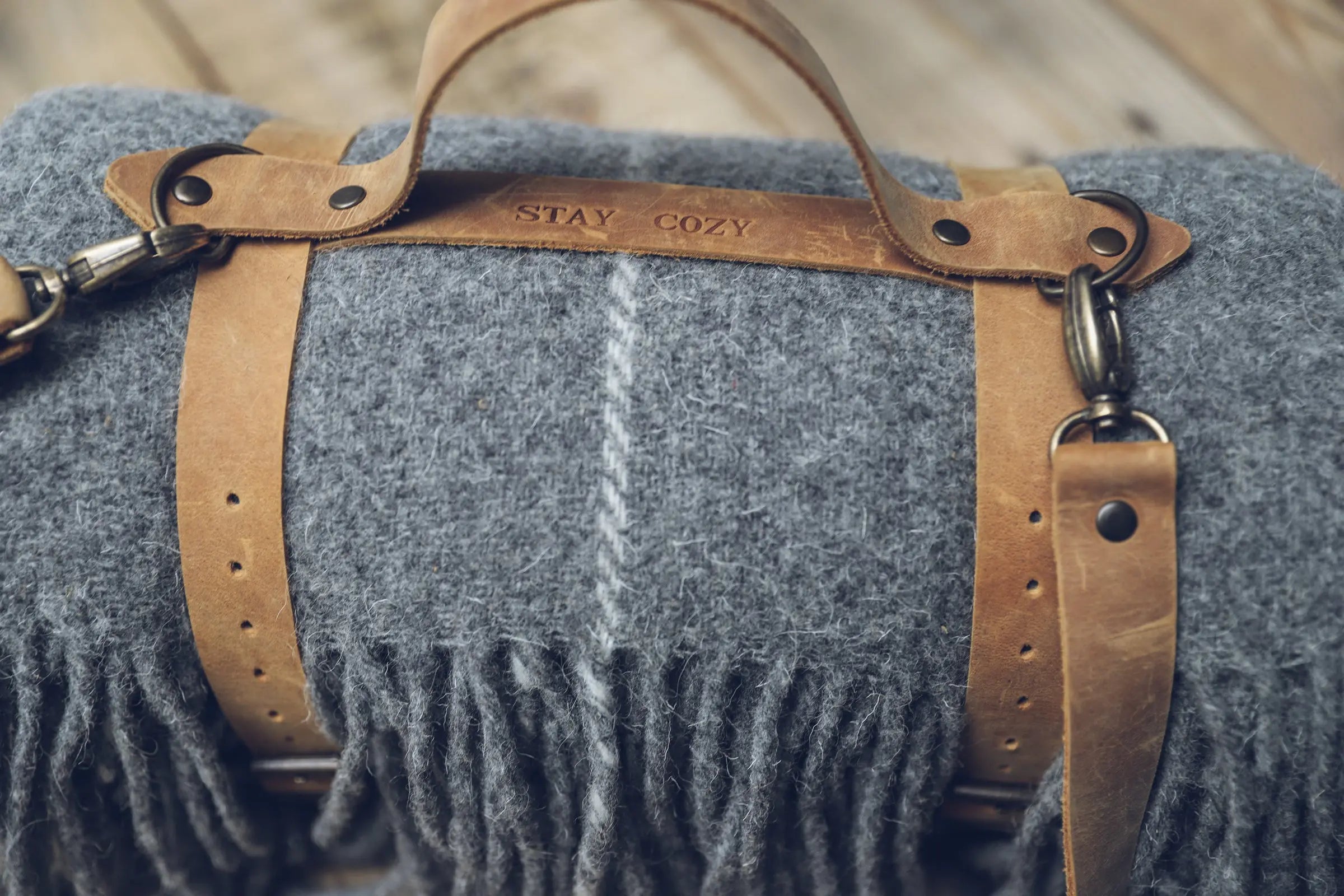 Leather Handle Strapped Gray Wool Throw Blanket with White Stripe Epic Linen