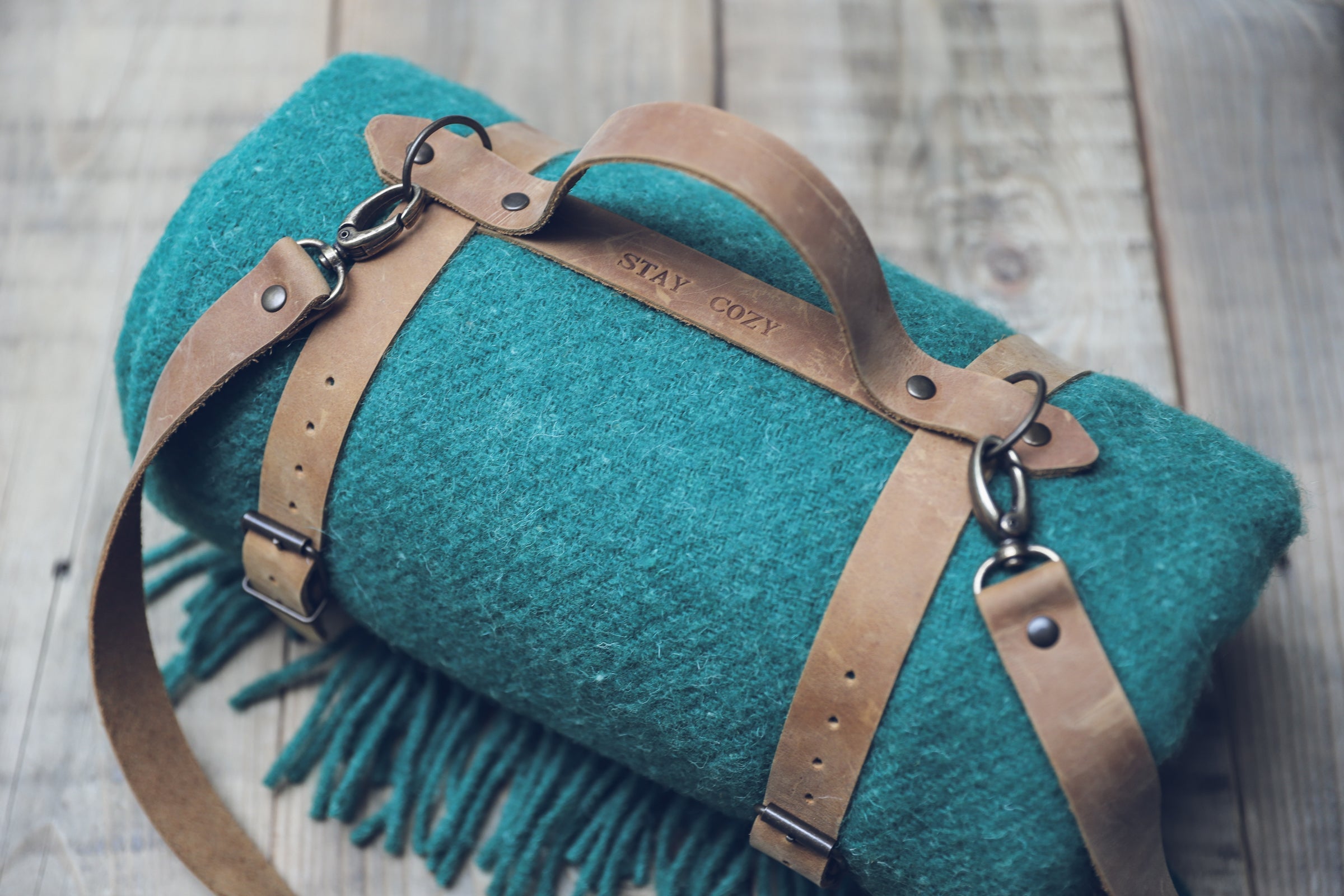 Leather Handle Strapped Green Wool Throw Blanket Epic Linen
