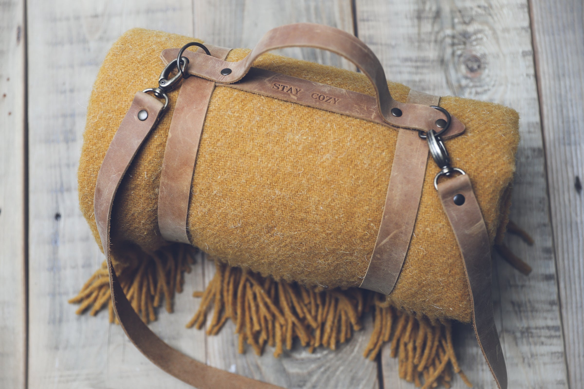 Leather Handle Straped Mustard Wool Throw Blanket Epic Linen