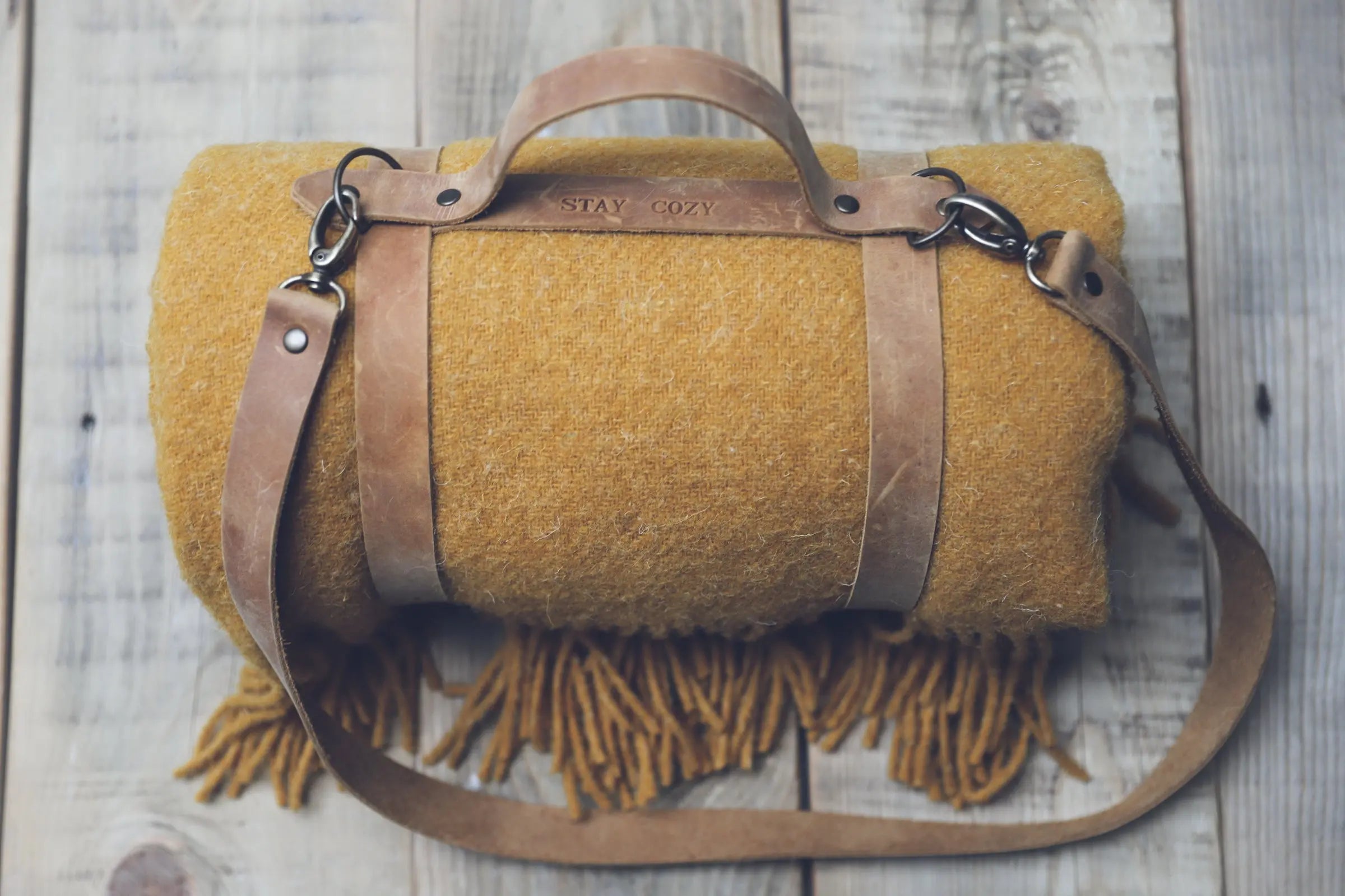 Leather Handle Straped Mustard Wool Throw Blanket Epic Linen