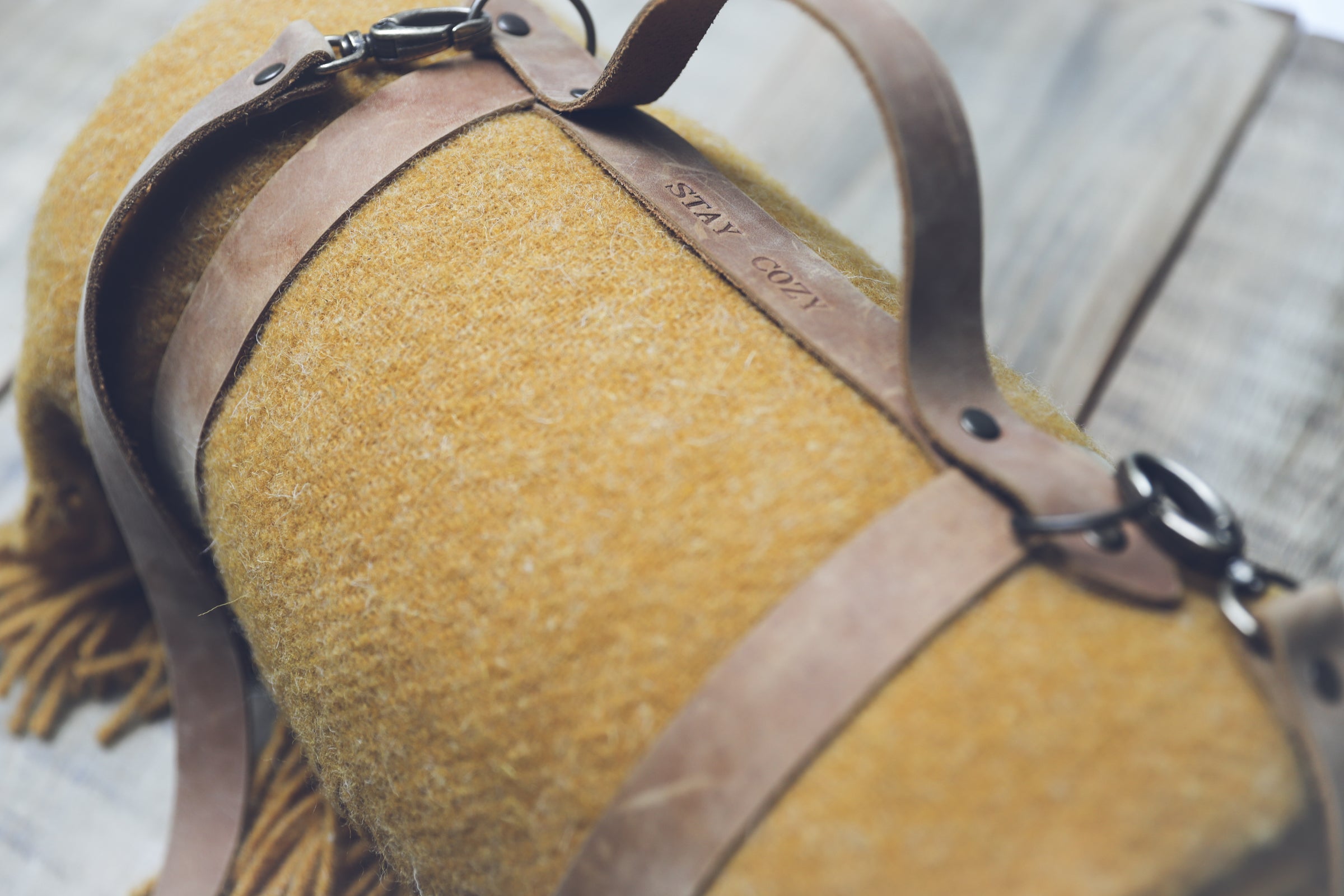 Leather Handle Straped Mustard Wool Throw Blanket Epic Linen