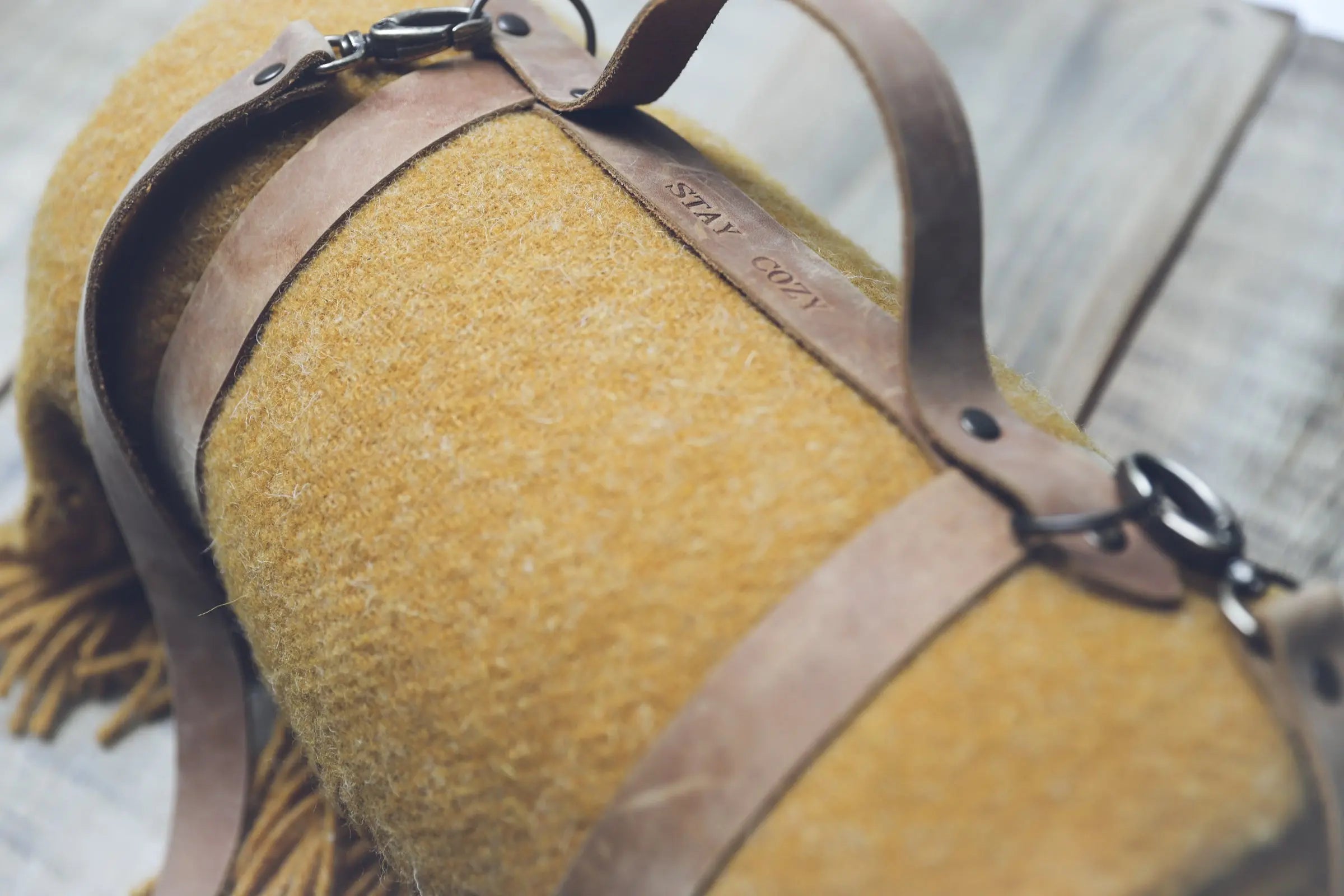 Leather Handle Straped Mustard Wool Throw Blanket Epic Linen