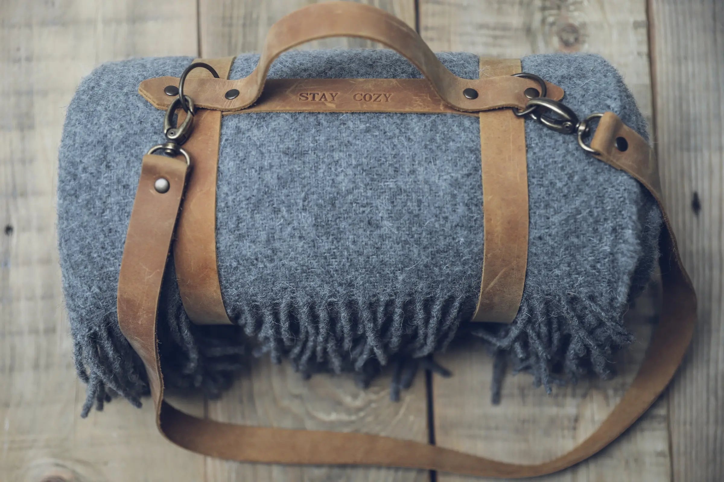 Leather Handle Strapped Gray Wool Throw Blanket Epic Linen