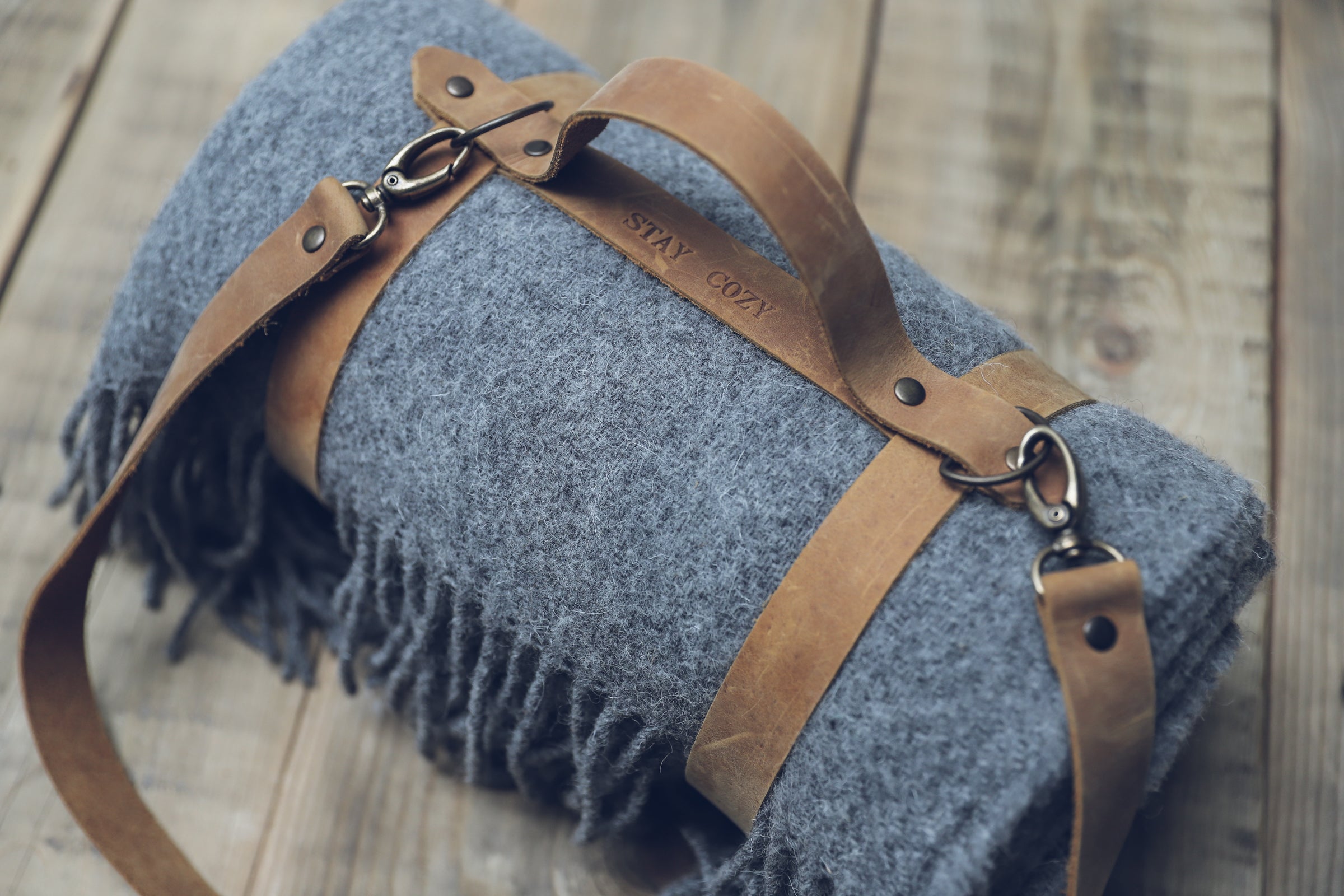 Leather Handle Strapped Gray Wool Throw Blanket Epic Linen