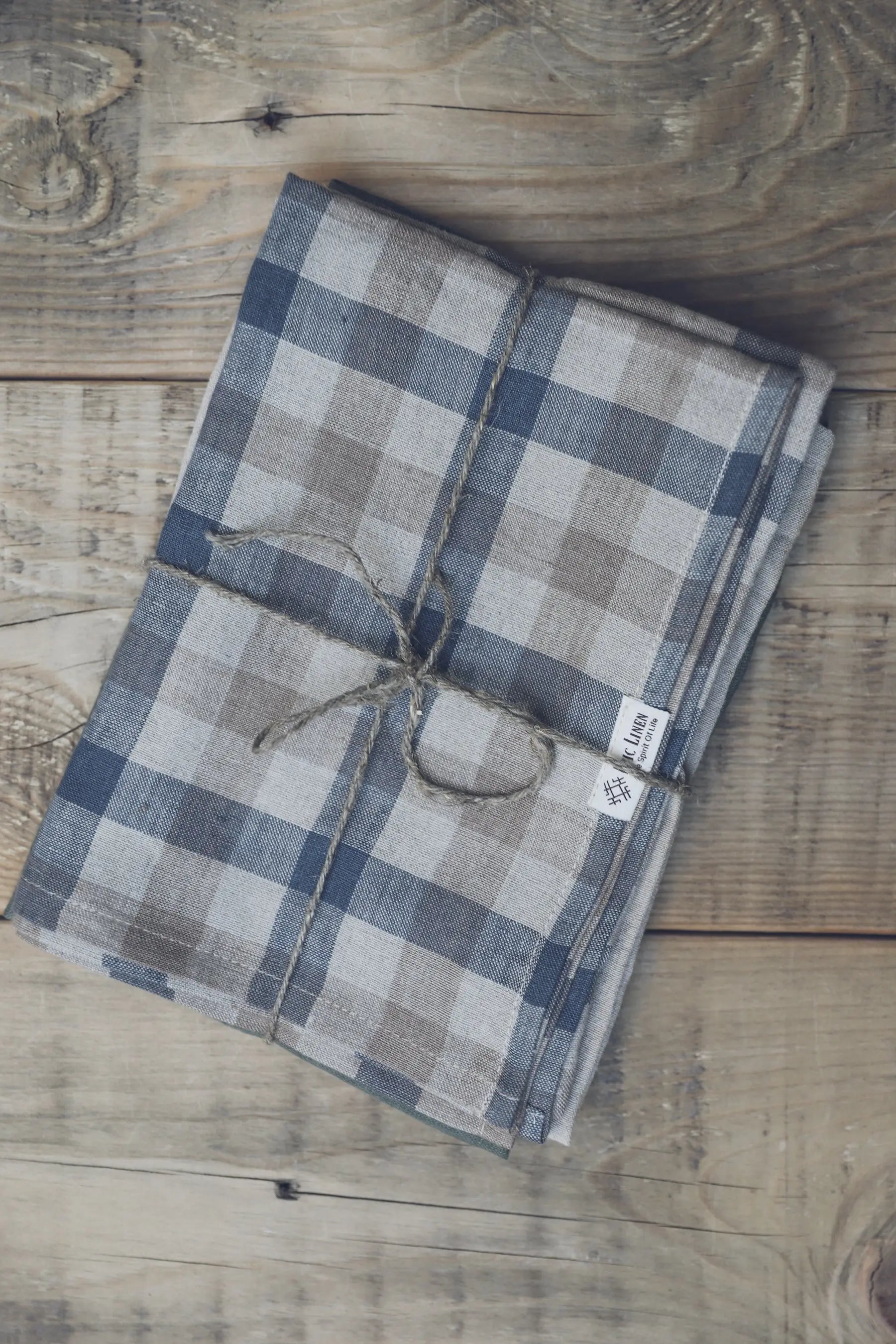 Set of 2 Linen Kitchen Towels Gingham Blue Natural Epic Linen