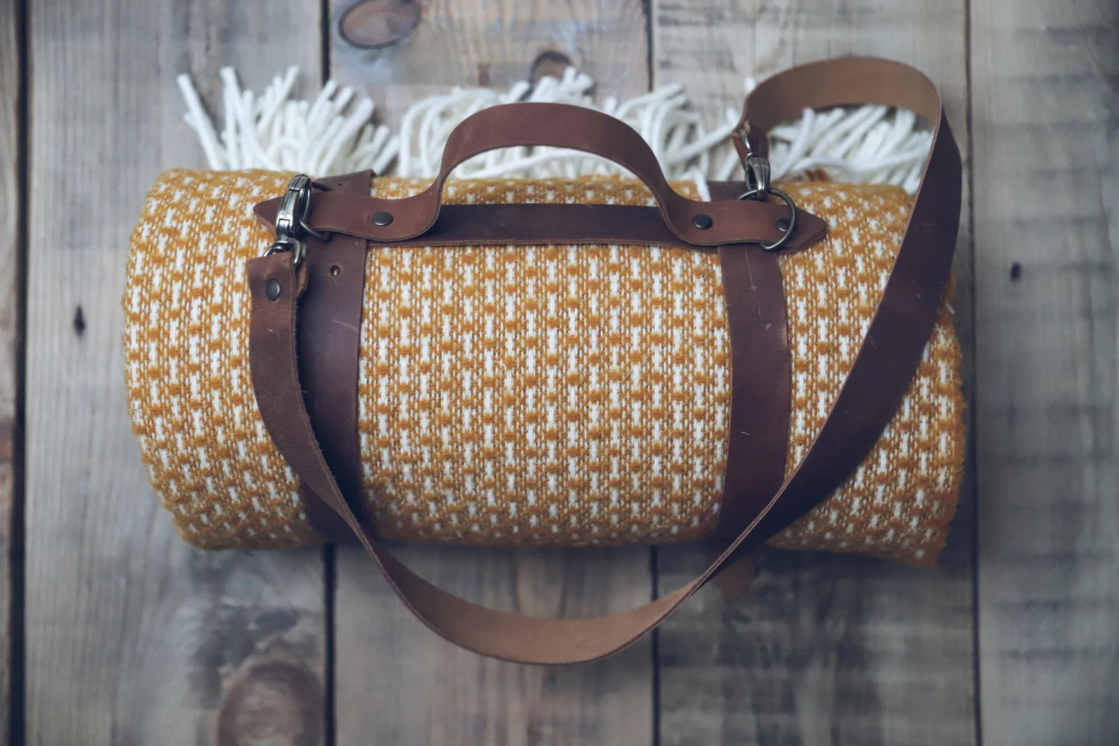 Leather Handle Strapped Mustard Pattern Wool Throw Blanket Epic Linen